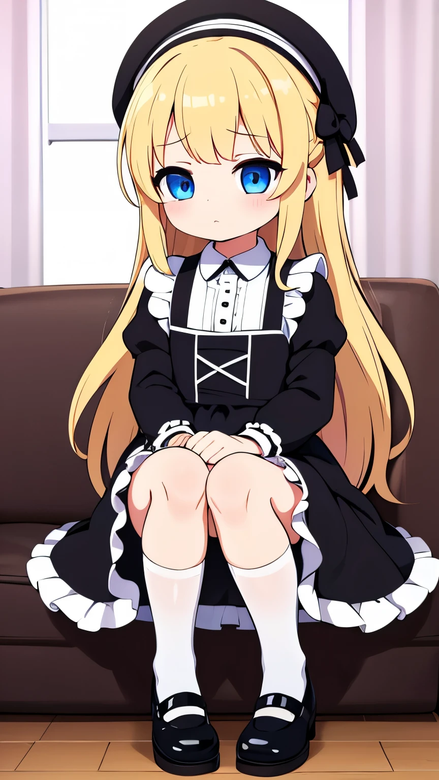 7--old l,White apron,Black Dress,Long blonde hair,Maid clothes,Lolita Fashion,blue eyes,Sleepy look,Wearing a black beret,Black strap shoes on your feet