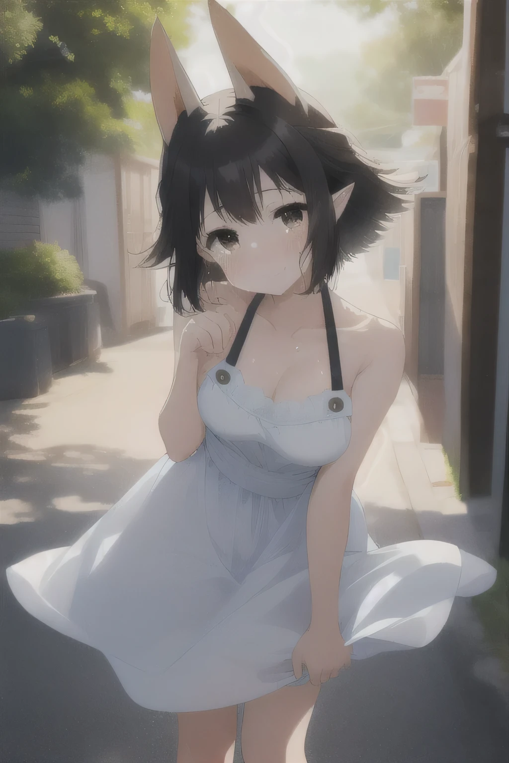 High resolution,masterpiece,highest quality,Amazing visuals,High resolution,masterpiece,highest quality,8--old,autiful fingers,Beautiful long legs,Beautiful body,Cute character design、younger sister、Hasaha、Animal ears、Black Hair、Brown eyes、Pointy Ears、short hair、Fox Ears、Animal ears、Black Hair、Brown eyes、Pointy Ears、short hair、Fox Ears、,A smile that melts,Sweaty、Tears run down my cheeks
,Off-the-shoulder cheongsam,Breast flash、No inner、Sheer apron、Pick up the dress、
,Outdoor,street, Amazing visuals, ,Clothes that can be seen through the light、Cute female silhouette