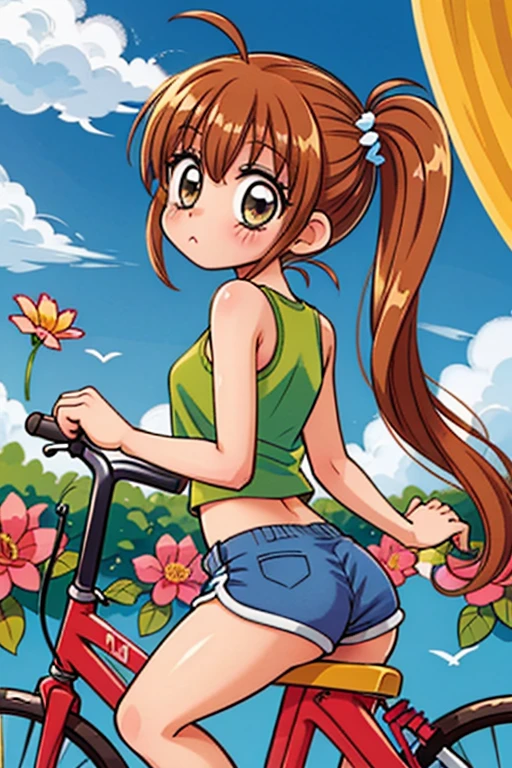 a cartoon girl with long anime hair is sitting on a motorcycle near a waterfall and is drawn well, 1girl, ground vehicle, motor vehicle, solo, motorcycle, shorts, long hair, looking at viewer, brown hair, ass, blue eyes, smile, short shorts, bare shoulders, sleeveless, sleeveless shirt, thighs, black shirt, shirt, bare arms, closed mouth, blush, bangs