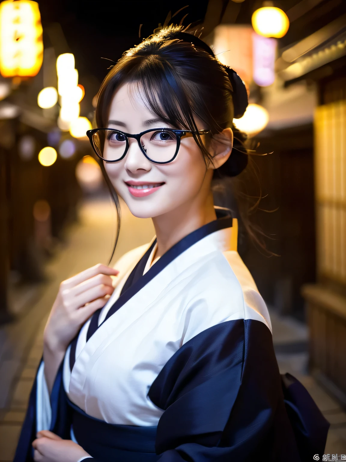 (Super beautiful woman in kimono)、((highest quality、8K masterpiece:1.3))、sharp focus:1.2、(super beautiful face:1.0)、(shiny skin:1.0)、realistic pictures、black hair、video lighting、High resolution eyes and face、video lighting、japanese actress、from the front、big breasts、with a happy smile、Slender abs beauty、whole body、wearing a kimono、in Kyoto、luxury obi、In Kyoto at night、wearing glasses with no edge