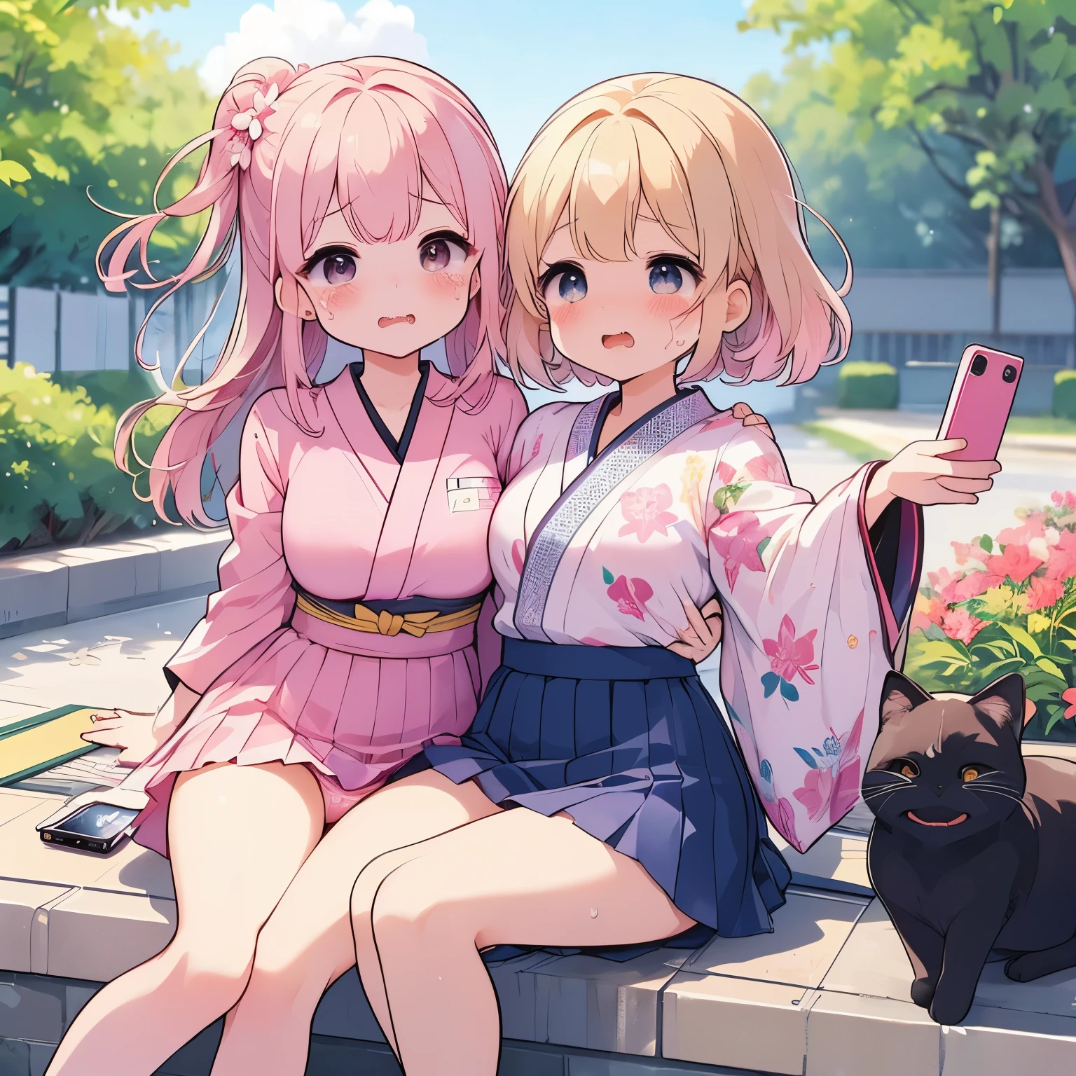 ((Two Japanese Girls、Pink Hair、 body type、name:Reina、)), ( small)), ((Facial expressions are random、various expressions、joy, anger, sorrow))、Long Hair、Bobcut, 最high quality, high quality, Highly detailed 8K wallpapers,Beautiful Eyes、かわいいWatery eye、Walking around the city、Kogal、Blonde、Brown Hair、Gray Hair、Black cat hair ornament、hot day、Sightseeing Dates、Smartphone in one hand、Cute Girls、Cute kids、Station Staff Uniform、Breast flash、Nipple peek、Touching lips、(No underwear)、Cute pussy、Suji、(Droopy eyes、Close eyelids、yawn、small口、Watery eye)、Cute Breasts、Touching the stomach、No underwear、(Large Breasts、、younger sister、classmate、woman、成熟したwoman、Yukata swimsuit)、Large Breasts、（Sweating profusely）、(Women's OL、Cute Armpits、Before menarche、Cute thighs、The most radiant thighs、barefoot、Knit lace short skirt:0.6）、(Crying face、Troubled face、Small fangs）、（Sit with friends）、Embrace each other、（lily）、Life-size、The camera is a little lower、walk、Wind、Fallen leaves、