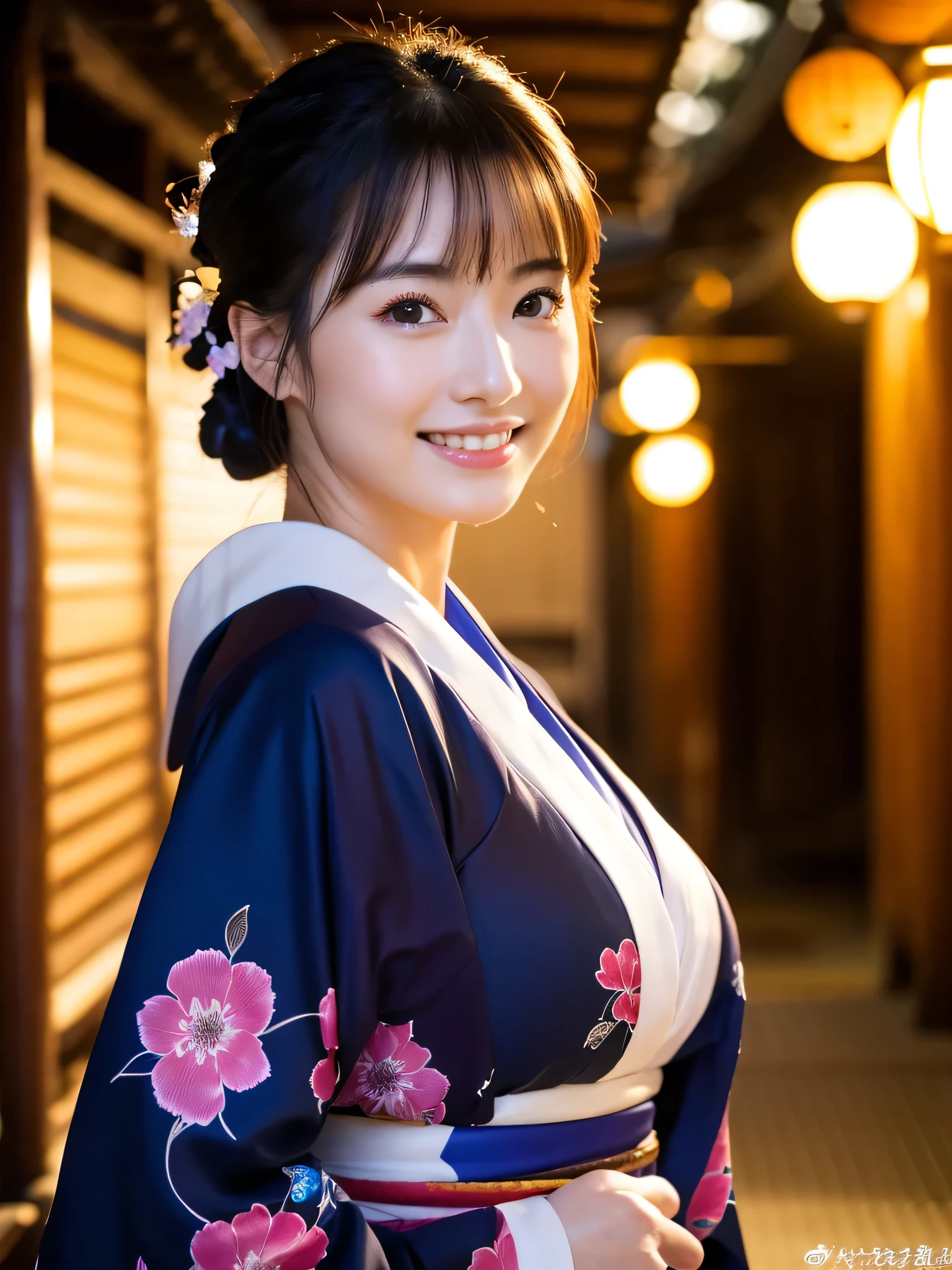 (Super beautiful woman in kimono)、((highest quality、8K masterpiece:1.3))、sharp focus:1.2、(super beautiful face:1.0)、(shiny skin:1.0)、realistic pictures、black hair、video lighting、High resolution eyes and face、video lighting、japanese actress、from the front、big breasts、with a happy smile、Slender abs beauty、whole body、wearing a kimono、in Kyoto、luxury obi、In Kyoto at night