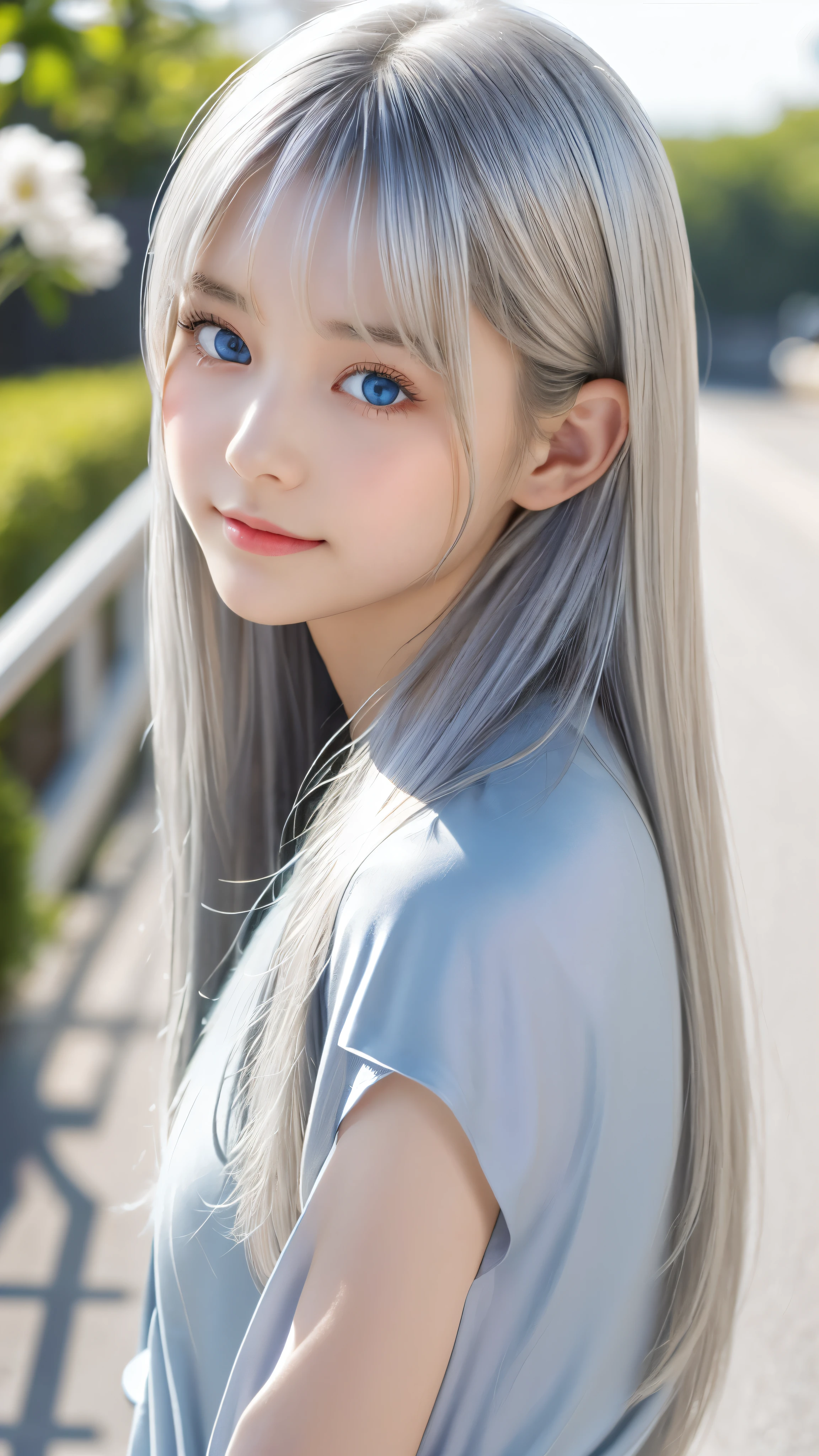 Shining, clear, white skin、Her windblown silver hair hides her beautiful face.、huge、28 years old cute sexy little beautiful face、Beautiful straight hair that stands out、growing up, Sparkling light blue eyes、long silky bangs that cover cute eyes, Sexy and cute young woman with super long hair hiding her sexy face、Shining silver hair