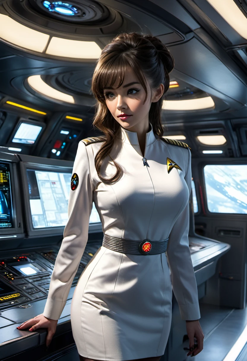 blunt bangs, Futurism, chiaroscuro, cinematic lighting, ray tracing, reflection light, blending, Fujicolor, first-person view, multiple views, dutch angle, wide shot, atmospheric perspective, best quality, highres, 1080P, retina, masterpiece, anatomically correct, textured skin, super detail, three sided view, (((whole person: 1.5))), 28-year old Female starship Enterprise captain stands on the Enterprise bridge and commands her starship crew, in the background large window with another starship firing on the Enterprise, short shiny lacquer captain uniform dress. overknee Boots belt with weapon, computer consoles, screens, buttons, switches, touch screen, several crew members on the bridge, ((Starship Enterprise insignia on the chest: 1.4)), Short tight uniform dress with deep V-neck, (((Large spaceship bridge with several crew members on the bridge: 1.5))), (((heavily made up, long eyelashes, long fingernails: 1.2))), commanding posture, shiny Pantyhose, ((shiny lacquer sheath uniform dress: 1.3))