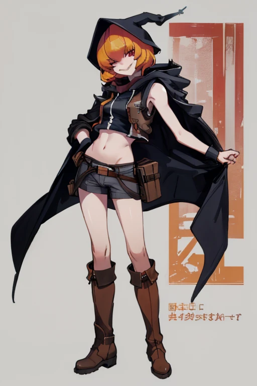 ((highest quality)), ((masterpiece)), (be familiar with),Clementine,Overload,{{nsfw}},Sleeveless hoodie,cargo pants,Bewitching Smile,whole body,boots,Long coat,Trunk Case