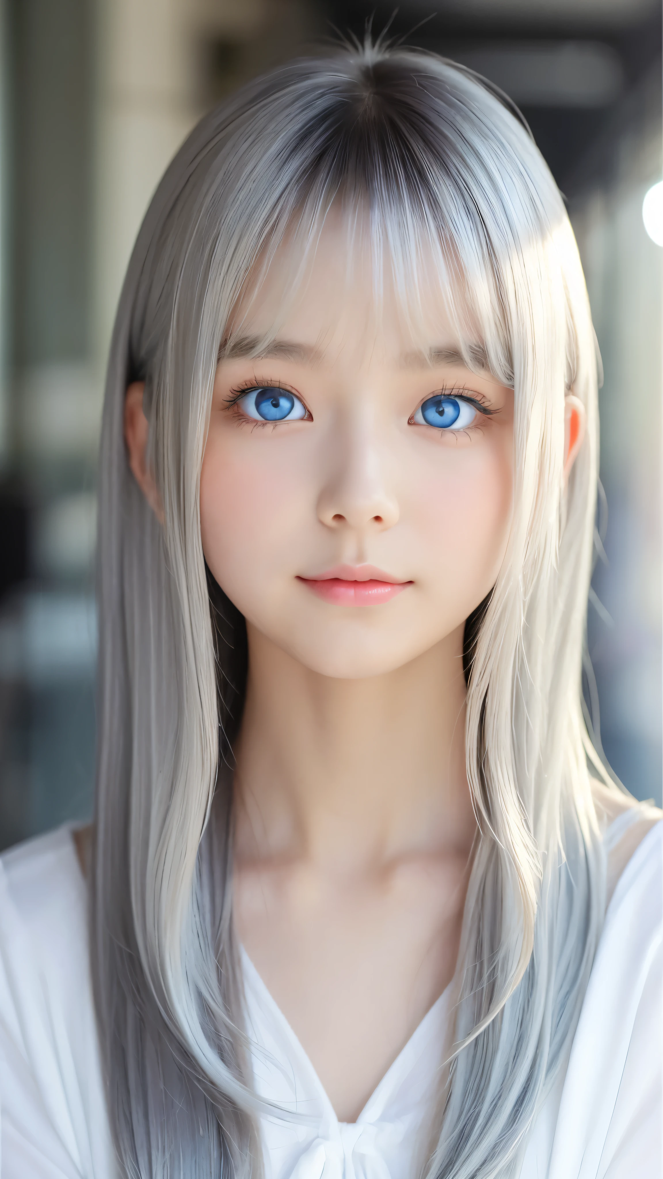 Shining, clear, white skin、Her windblown silver hair hides her beautiful face.、huge、28 years old cute sexy little beautiful face、Beautiful straight hair that stands out、growing up, Sparkling light blue eyes、long silky bangs that cover cute eyes, Sexy and cute young woman with super long hair hiding her sexy face、Shining silver hair