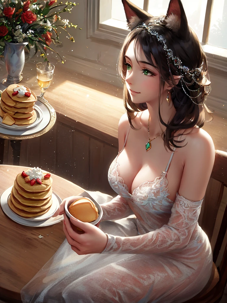 anime style, super fine illustration, highly detailed, dynamic angle, beautiful detailed, 8k, In a cafe where morning sunlight streams through the window, a plate of fluffy pancakes topped with strawberries, whipped cream, and a generous dusting of powdered sugar sits on the table. A woman eats them with a happy expression, her impressionable happiness drawing the attention of those around her.very good illustration, High detail, dynamic angle, beautiful detailing,2D, (Best quality, masterpiece, Beauty, tenderness), Anime, Highly detailed face, very detailed eyes, very detailed background, Ideal lighting, Whole body, 1 girl, One, (Very detailed cat ears), (Very detailed ears behind the hair), Pink dress, green eyes, Finely detailed eyes, ears covered with hair