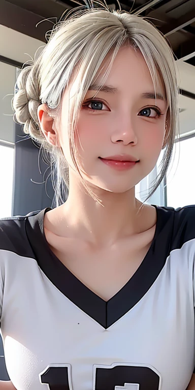 1girl, team national Jersey indonesia football, medium breasts, silver hair,white simple Bun hairstyle,,standing a stadium, detailed face, detailed eyes, smiling, attractive , seductive, raised arms,body slim, shiny skin, ((looking up from below)), (8k, RAW photo, best quality, masterpiece: 1.2), (realistic, realistic: 1.37), ultra-high resolution,