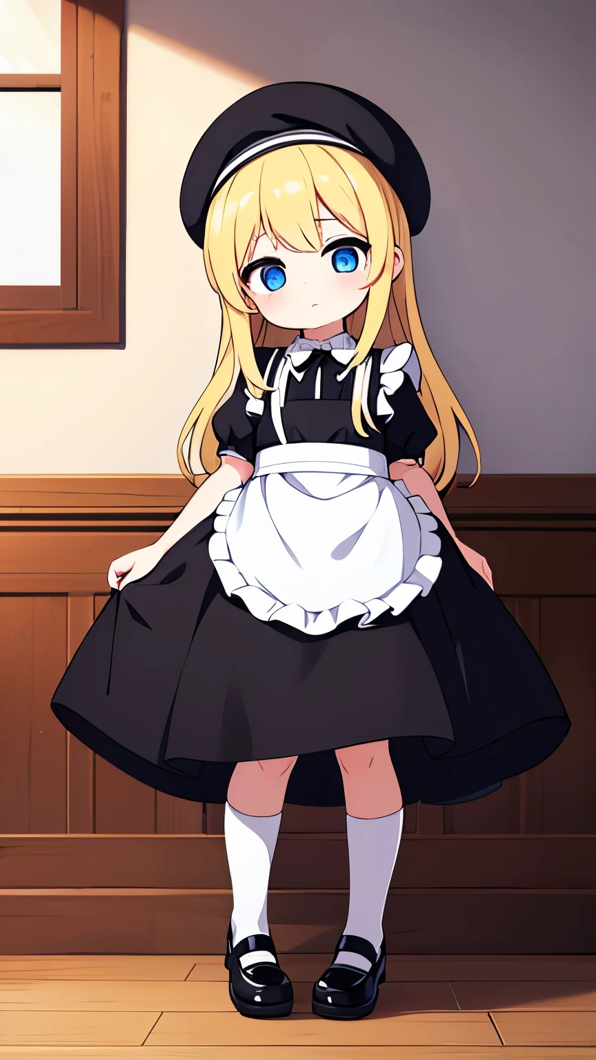 7-year-old girl,White apron,Black Dress,Long blonde hair,Maid clothes,Lolita Fashion,blue eyes,Sleepy look,Wearing a black beret,Black strap shoes on your feet