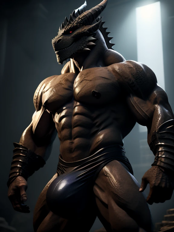 Dragonborn, muscular, scales, anthro, black. Naked, 8 pack, 8k, good quality, ultra accurate anatomy, huge bulge. Tight speedo, lactating.