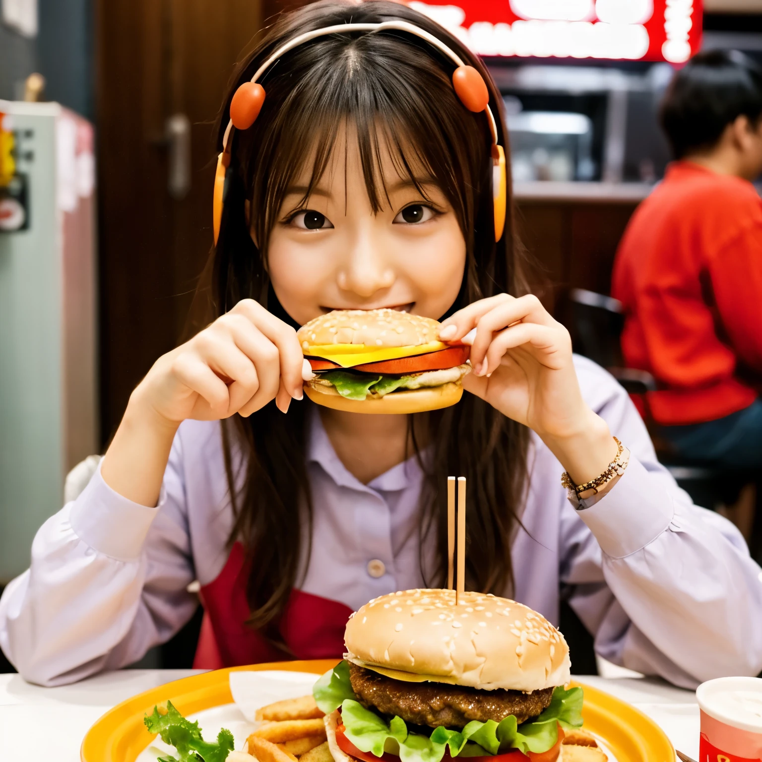 eating hamburger、Look at that