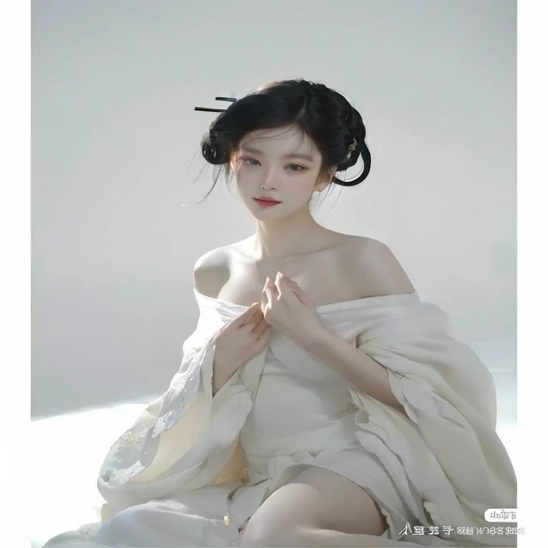 Un primer plano de una mujer con un vestido blanco sentada en una cama, guweiz, por Xia Yong, jingna zhang, Wenfei Ye, Hanfu blanco, xuehan, Inspirado por Tang Yifen, inspirado en Otake Chikuha, por Xiao Yuncong, por Qian Xuan, Inspirado por Zhang Xuan, inspirado en Fei Danxu