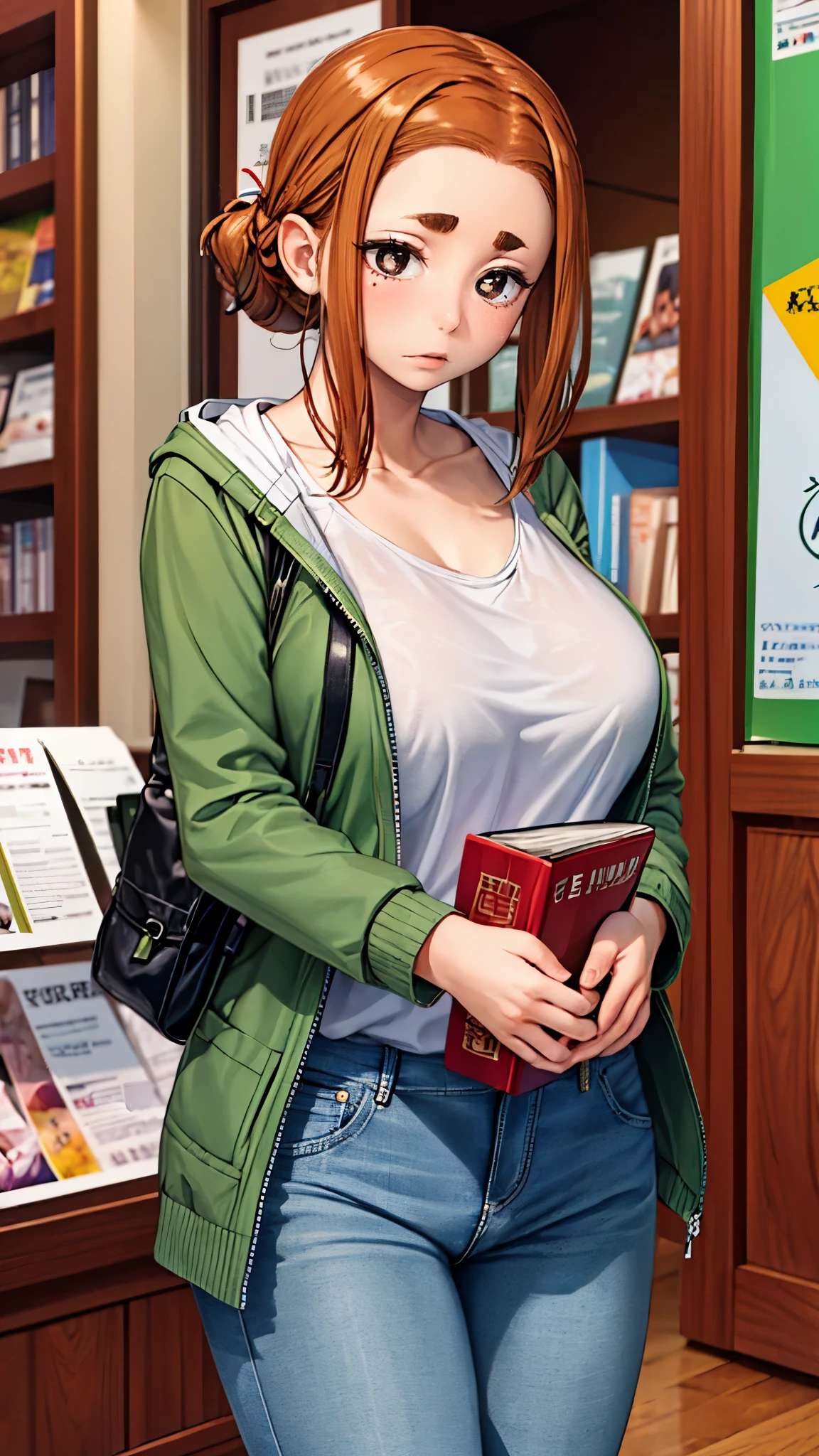 (masterpiece, best quality:1.2), solo, 1girl, ogawa sumireko, ((brown eyes, white pupils)), detailed eyes, hair up, half eyebrows, hood, green jacket, open jacket, ((wering sweater, detailed sweater, jeans pants)), thick body, fullbody: 1.5, long sleeves, upper body, bookstore, indoors, depth of field, large breasts, mature female, breasts squeezed together, v arms, looking at viewer, embarrassed, blush, csr style texture