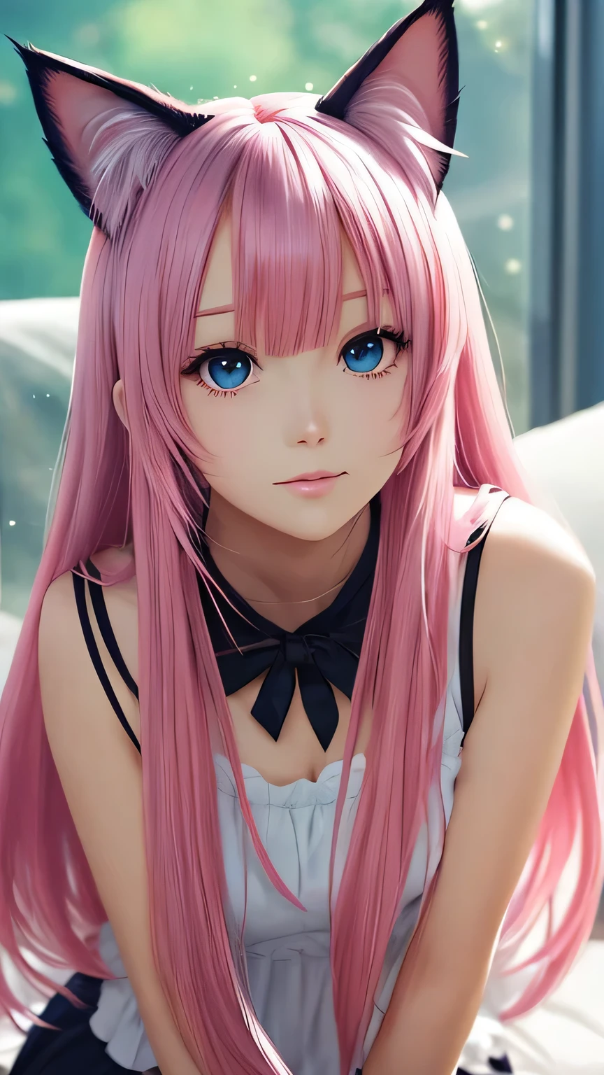 There is a woman with pink hair and cat ears., Very beautiful cute cat girl, Charming cat girl, Real life anime girls, Ultra realistic anime, beautiful Anime cat girl, Anime cat girl, Beautiful young cat girl, Very Beautiful Anime Cat Girl, Surreal , Enchanting anime girl, cute Anime cat girl, Cat ears anime girl、Full body