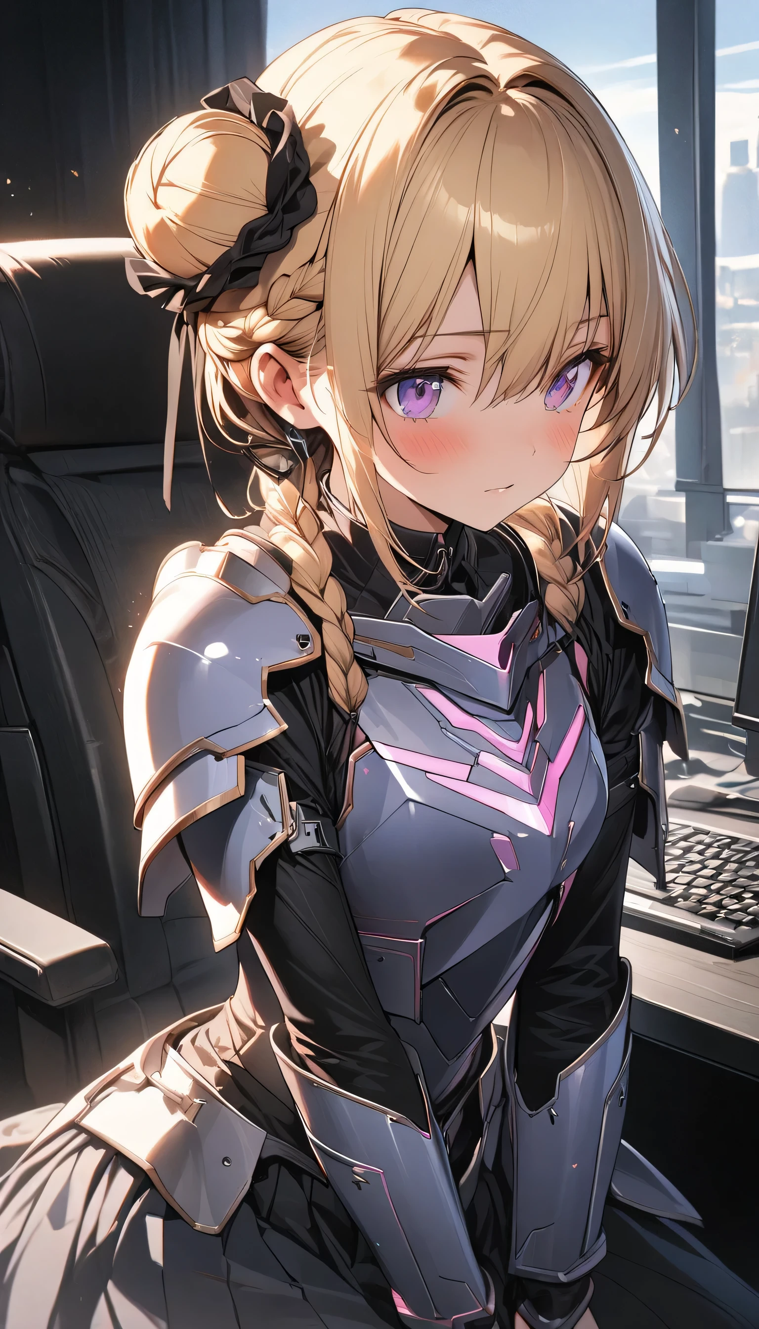masterpiece, best quality, (super fine illustration:1.2), ultra detailed, fine textured, crisp, perfect design, ideal ratio body proportions, perfect eyes, perfect hand, absurdres, highres, 8K, Ray Tracing, game cg
1 mecha girl, blonde hair, (Braided sides,One bun on top of the head、Intake:1.4)、 purple eyes, No expression, research institute, monitor,(The skirt is black)、(Skirt Armor:1.6)、
BREAK
machine armor, machine body, flat chest,
、anime、(Simple Background)、Full Body