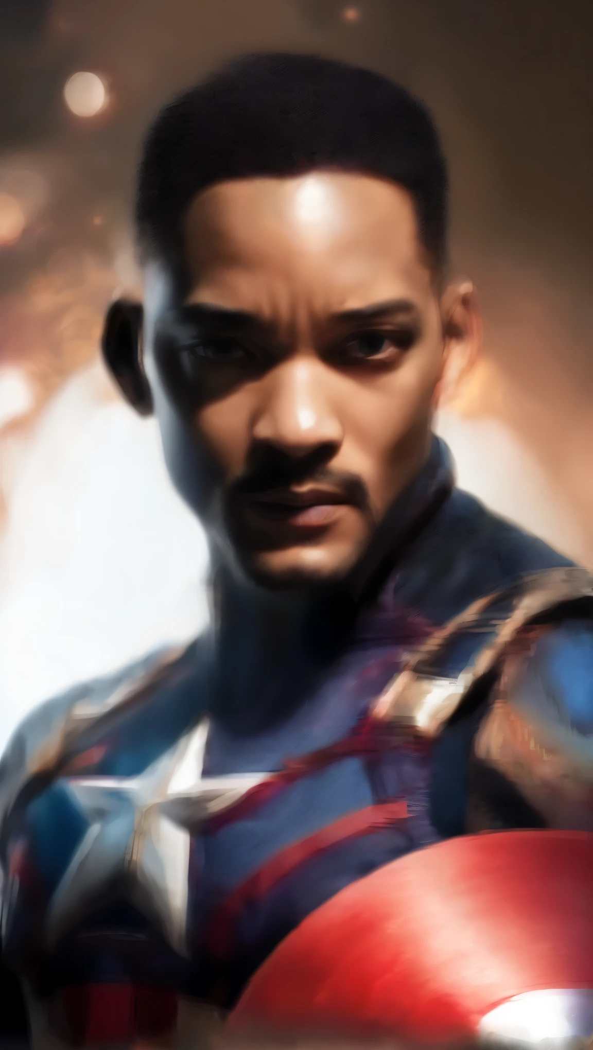 . .Tarantino Style Will Smith as Captain America 8k, High definition, rosto detalhado, rosto detalhado, olhos detalhados, terno detalhado, no estilo da Marvel e DC, hiper-realista, + Cinematic shot + dynamic composition, incrivelmente detalhado, afiado, detalhes + superb detalhes + noite com luz + perfeccionismo + realismo premiado ((moody lighting))