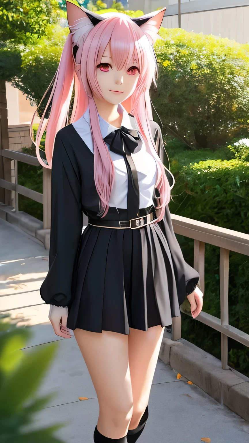 with pink hair and a black belt sitting on a wall, Beautiful school girl, Cute girl visuals, Smooth CG art, a Surreal , Cute girl in a nice dress, Seductive girls, Beautiful breasts, Thin thighs, Small beautiful butt, Surreal , cute girl, Young girl, (beautiful girl, Baby Face, Idol Face), I also make fan art, (Detailed eyes and face:1.3, Professional photography techniques), (Highest quality, 8K, masterpiece:1.2, RAW Photos), (Photorealism:1.4), Gaze at the viewer, (blush:1.2), (Perfect Anatomy), (Detailed hands)