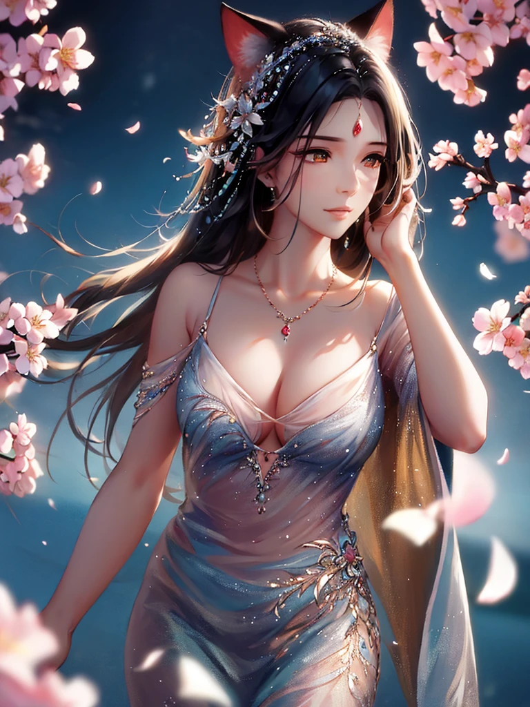 anime style, super fine illustration, highly detailed, dynamic angle, beautiful detailed, 8k, On a spring night, the cherry trees illuminated by the city lights are quietly shining. BREAK A woman stands still, captivated by the beautiful scene, watching the cherry blossoms flutter down. BREAK Her expression tells of her heartfelt admiration for the arrival of spring and the beauty of the cherry blossoms. very good illustration, High detail, dynamic angle, beautiful detailing,2D, (Best quality, masterpiece, Beauty, tenderness), Anime, Highly detailed face, very detailed eyes, very detailed background, Ideal lighting, Whole body, 1 girl, One, (Very detailed cat ears), (Very detailed ears behind the hair), Finely detailed eyes, ears covered with hair,