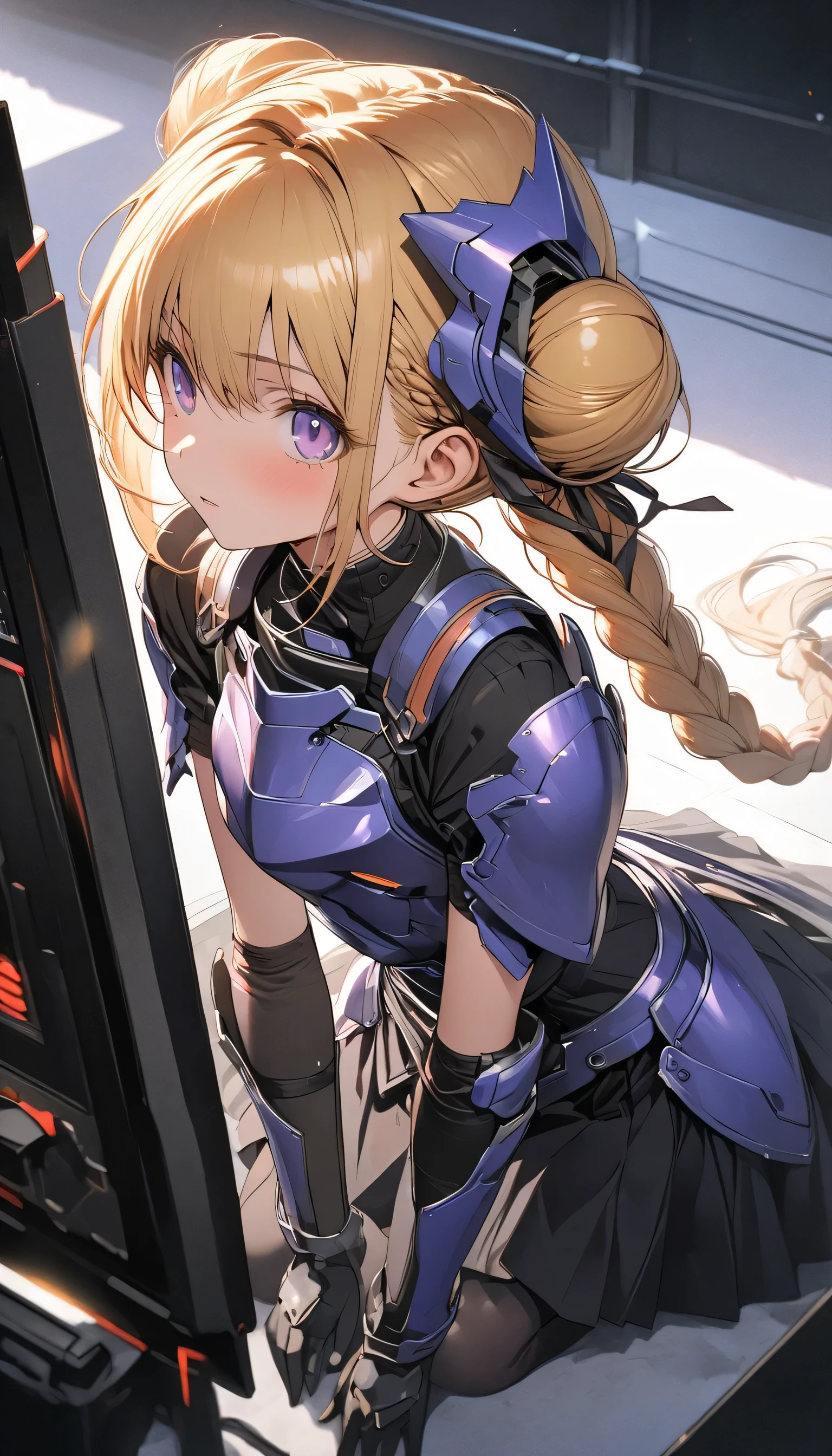 masterpiece, best quality, (super fine illustration:1.2), ultra detailed, fine textured, crisp, perfect design, ideal ratio body proportions, perfect eyes, perfect hand, absurdres, highres, 8K, Ray Tracing, game cg
1 mecha girl, blonde hair, (Braided sides,One bun on top of the head、Intake:1.4)、 purple eyes, No expression, research institute, monitor,(The skirt is black)、(Skirt Armor:1.6)、
BREAK
machine armor, machine body, flat chest,
、anime、(Simple Background)、Full Body