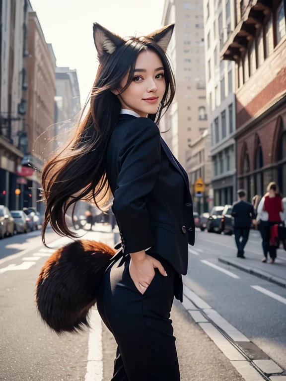 ((highest quality)), ((masterpiece)), (Get used to it), Perfect Face, Fox Girl, Beautiful woman, public, There is a tail, she has a fox tail, She wags her fluffy tail, smile, collar, She wears a business suit, Beautiful hip line, A tail sticking out from a business suit