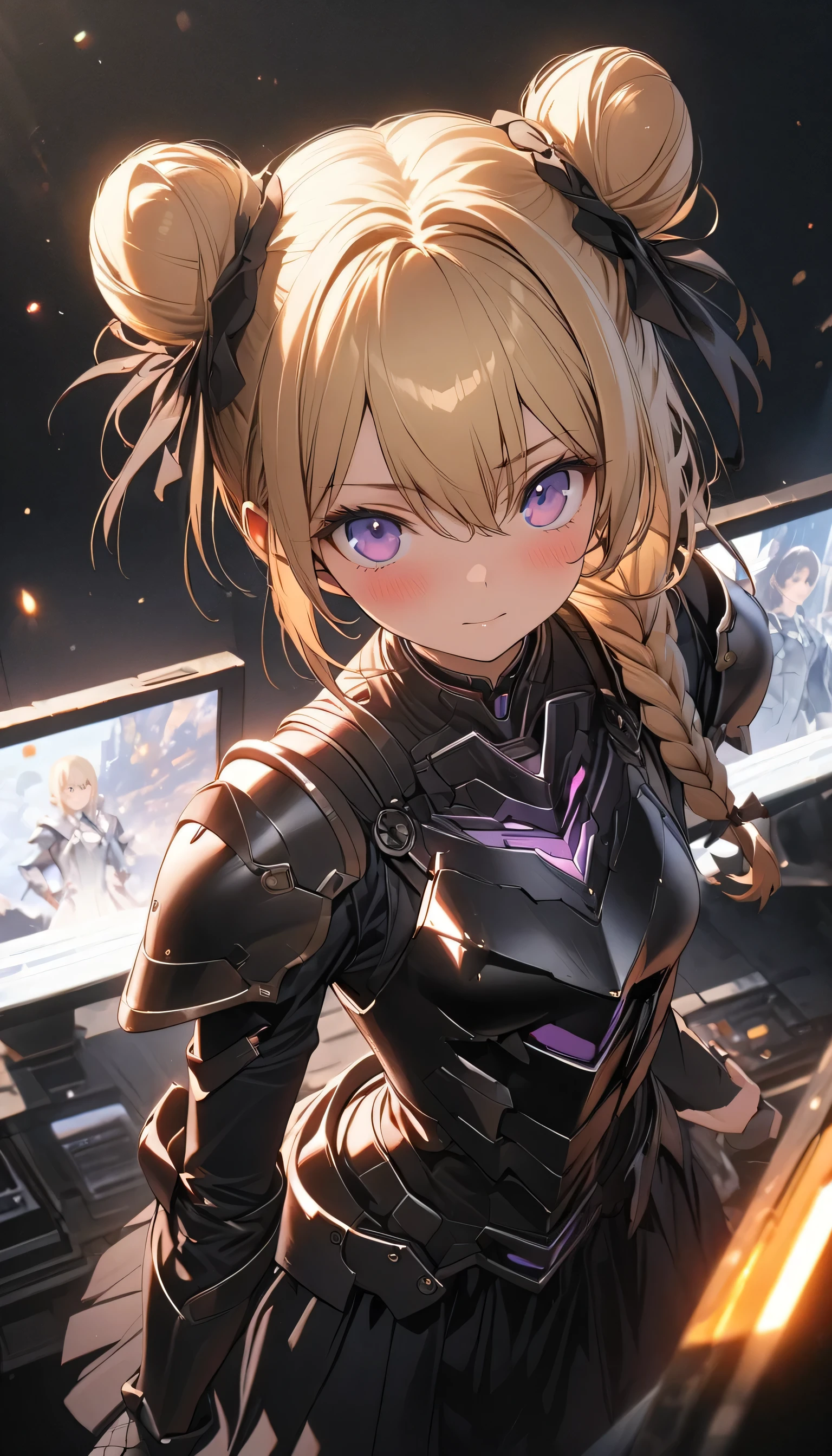 masterpiece, best quality, (super fine illustration:1.2), ultra detailed, fine textured, crisp, perfect design, ideal ratio body proportions, perfect eyes, perfect hand, absurdres, highres, 8K, Ray Tracing, game cg
1 mecha girl, blonde hair, (Braided sides,One bun on top of the head、Intake:1.4)、 purple eyes, No expression, research institute, monitor,(The skirt is black)、(Skirt Armor:1.6)、
BREAK
machine armor, machine body, flat chest,
、anime、(Simple Background)、Full Body