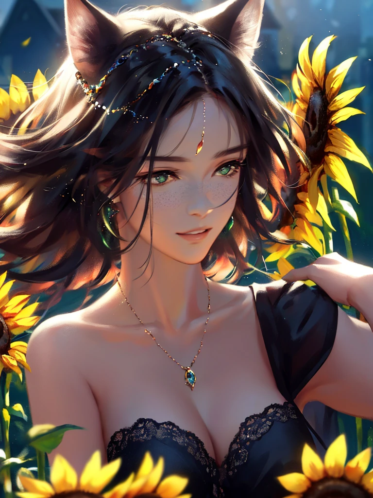 anime style, very fine illustration, high detail, dynamic angle, great detail, 8k, summer day, field of sunflowers, sunny day. BREAK The woman stands motionless, fascinated by the beautiful scene, watching the sunflowers bloom. The expression on her face says that she is sincerely delighted with the summer and the beauty of the blooming sunflowers. very good illustration, High detail, dynamic angle, beautiful detailing,2D, (Best quality, masterpiece, Beauty, tenderness), Anime, Highly detailed face, very detailed eyes, very detailed background, Ideal lighting, Whole body, 1 girl, One, (Very detailed cat ears), (Very detailed ears behind the hair), Finely detailed eyes, ears covered with hair,