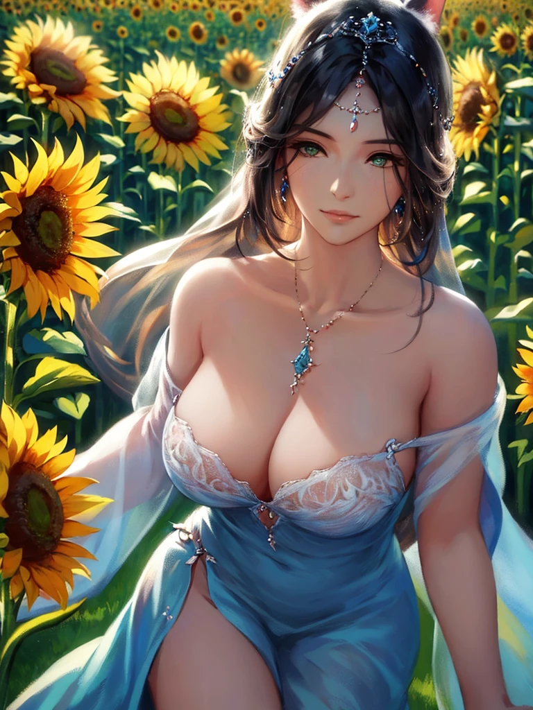 anime style, very fine illustration, high detail, dynamic angle, great detail, 8k, summer day, field of sunflowers, sunny day. BREAK The woman stands motionless, fascinated by the beautiful scene, watching the sunflowers bloom. The expression on her face says that she is sincerely delighted with the summer and the beauty of the blooming sunflowers. very good illustration, High detail, dynamic angle, beautiful detailing,2D, (Best quality, masterpiece, Beauty, tenderness), Anime, Highly detailed face, very detailed eyes, very detailed background, Ideal lighting, Whole body, 1 girl, One, (Very detailed cat ears), (Very detailed ears behind the hair), Finely detailed eyes, ears covered with hair,