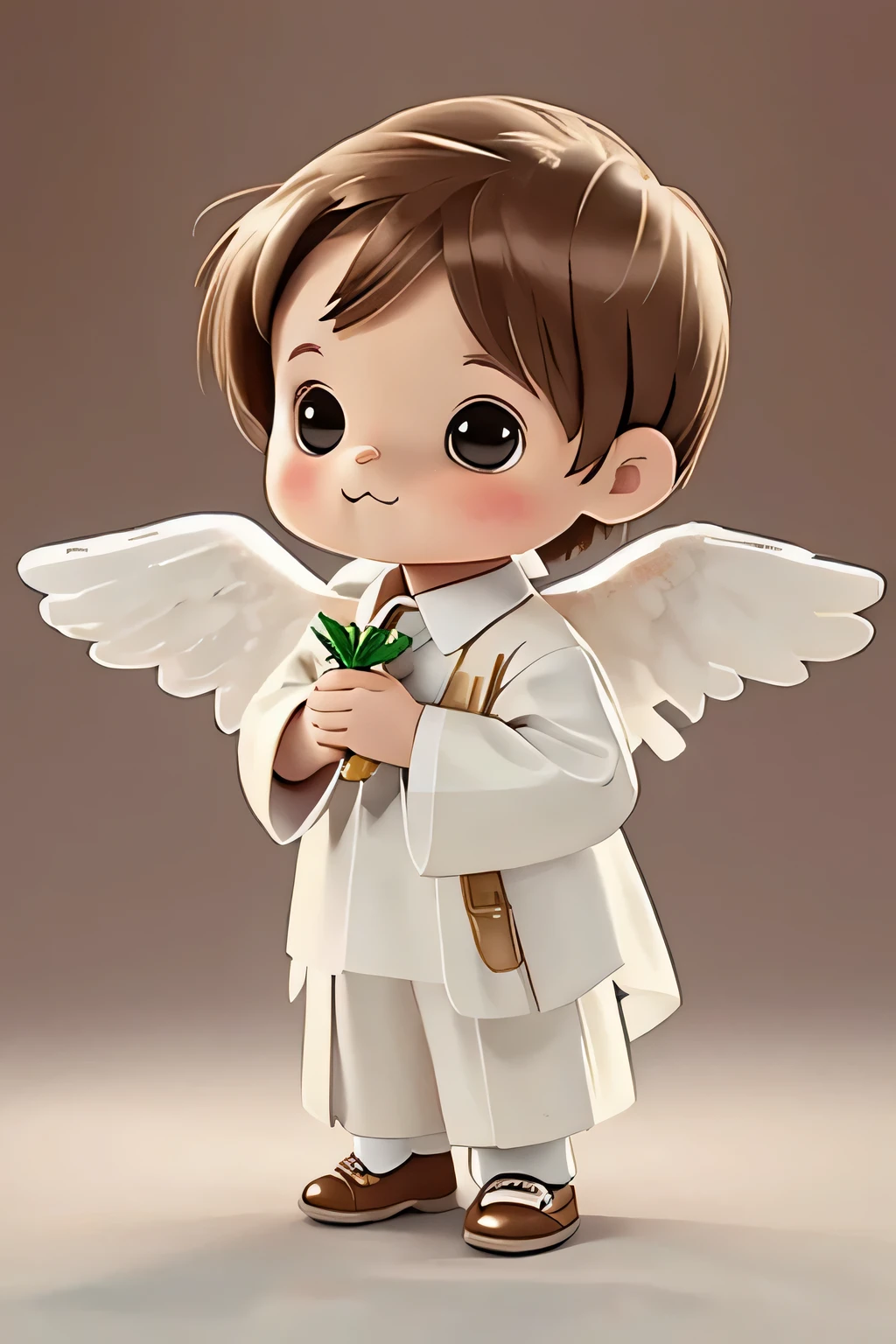 watercolor boy angel, brown hair, chibi, first communion, cute, full body, white background