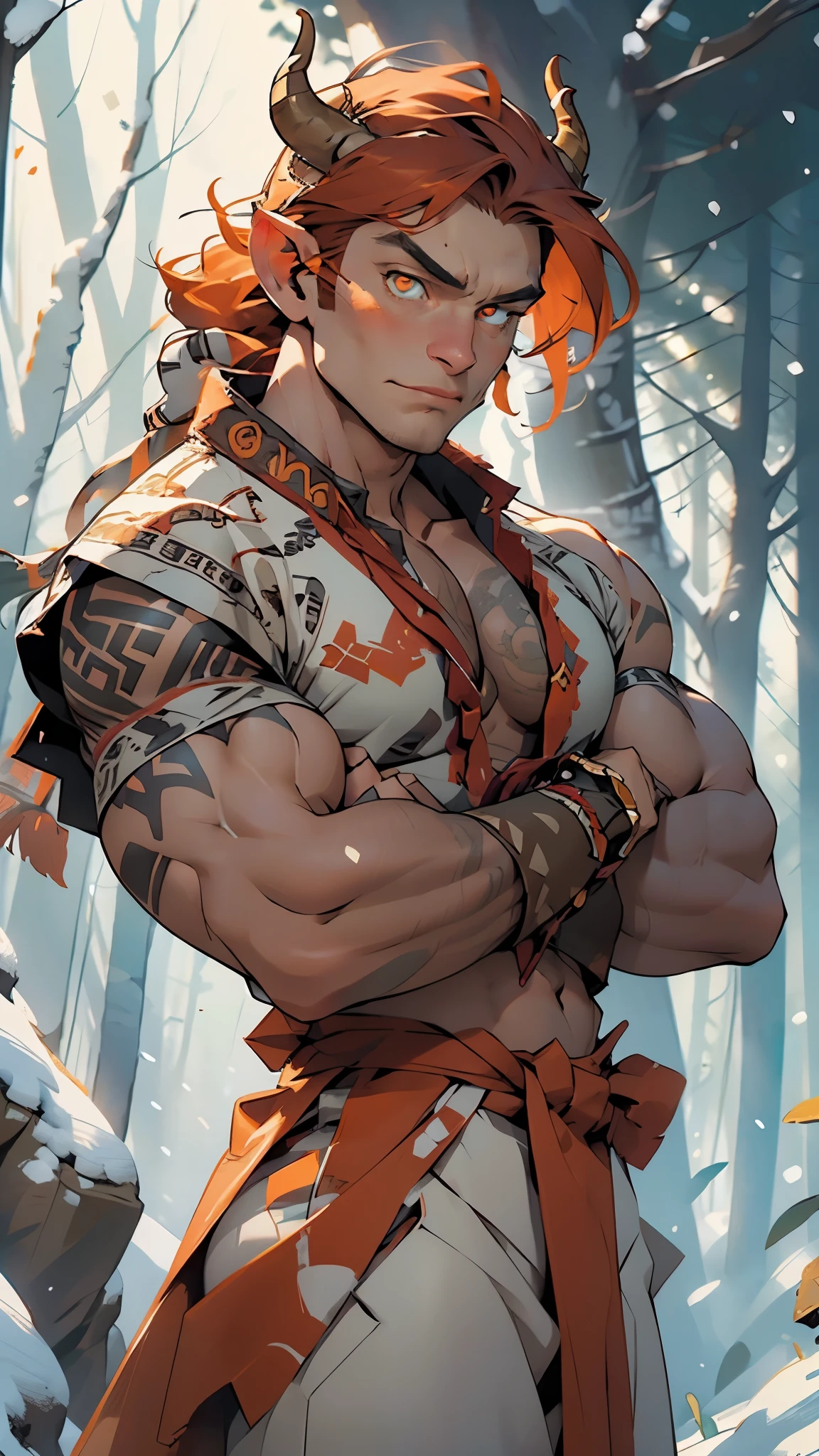 (((bull's head man))),A bull-faced man with his arms crossed,(((mythological minotaur))),((exaggerated muscles,exaggerated shoulders,very muscular and huge)),man chest,(((bull face))),((((muscular,muscular bull man,tall,big biceps,abs,big thighs,broad shoulders,open chest)))),animal man,(anthro furry:1.2),((red hair)),(((orange_eyes:1.3))),intricate eyes,beautiful detailed eyes,symmetrical eyes,
Genetic mutation of a half man half minotaur,
Man with an imposing bull's head adorned with ((horns)) and deep, athletic,young,
(black linen tunic, himation),((bulge in tunic)),(loincloth),((tribal clothes:1.5)),(barbarian fur crop top),(wearing brown furs and hides),(leather straps),((intricate outfit,intricate clothes)),
((cute ville in the forest in the background)),winter,scenery:1.25,((intricate scenery)),((snow forest background)),
(Glossy winter ornaments),highres,sharp focus,(ultra detailed,extremely detailed),(photorealistic artwork:1.37),(extremely detailed CG unity 8k wallpaper),(((vibrant colors,vibrant theme))),(intricate),(masterpiece),(best quality),artistic photography,(photography taken by sldr),(intricate background),perfect rendered face,perfect face details,realistic face,photo realistic,((intricate detail)),(((realism))),