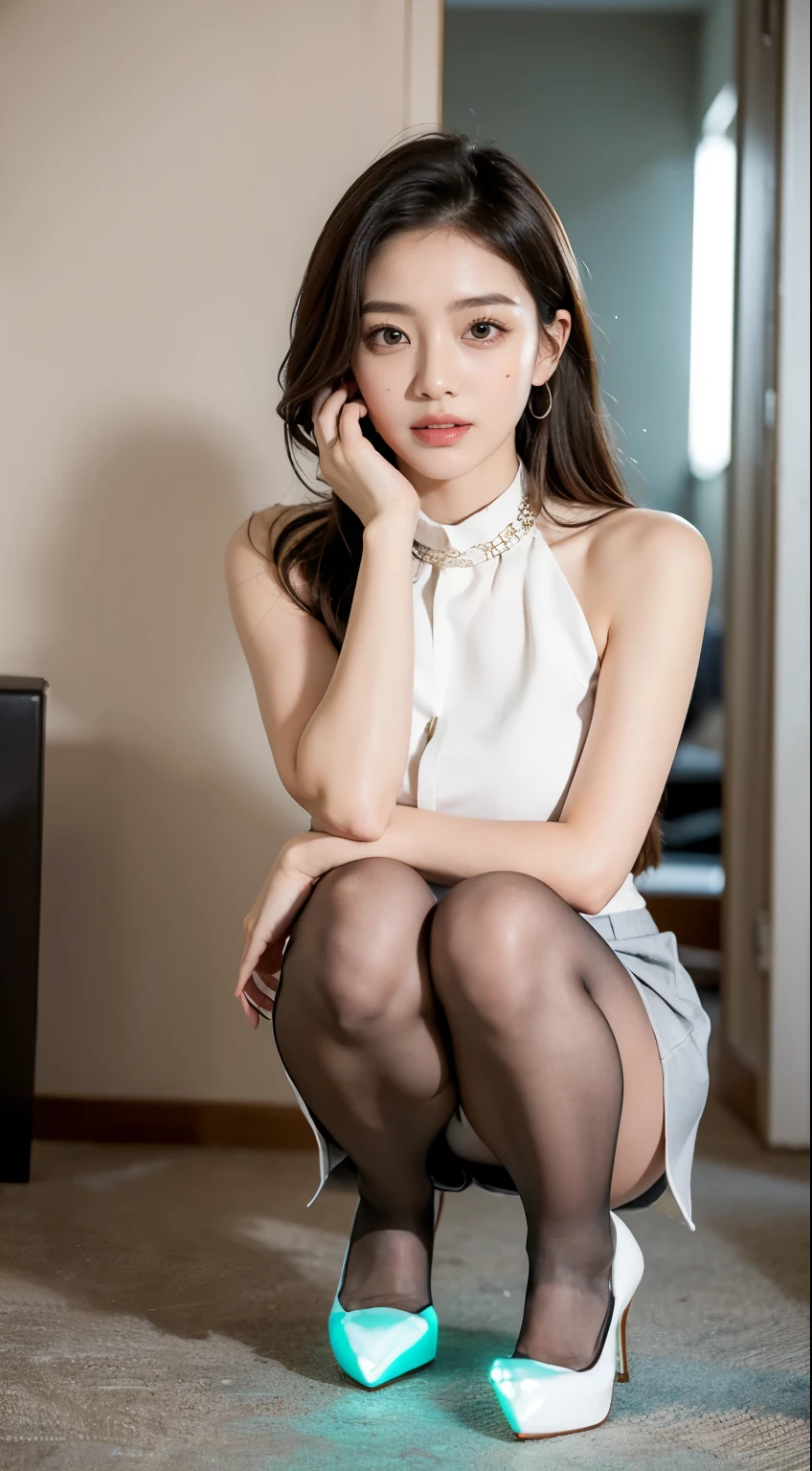 (((Very sharp resolution)))，(((top quality)))，nice girl，Ear studs，clear eyes，beautiful face，shine on your lips，(((Glows on face and skin))), perfect body, perfect face，White skin，perfect breasts，big bust，shapely legs，pantyhose，Grey Office Mini Skirt，high heel，(((:1.5))), (((distance:1.5)))