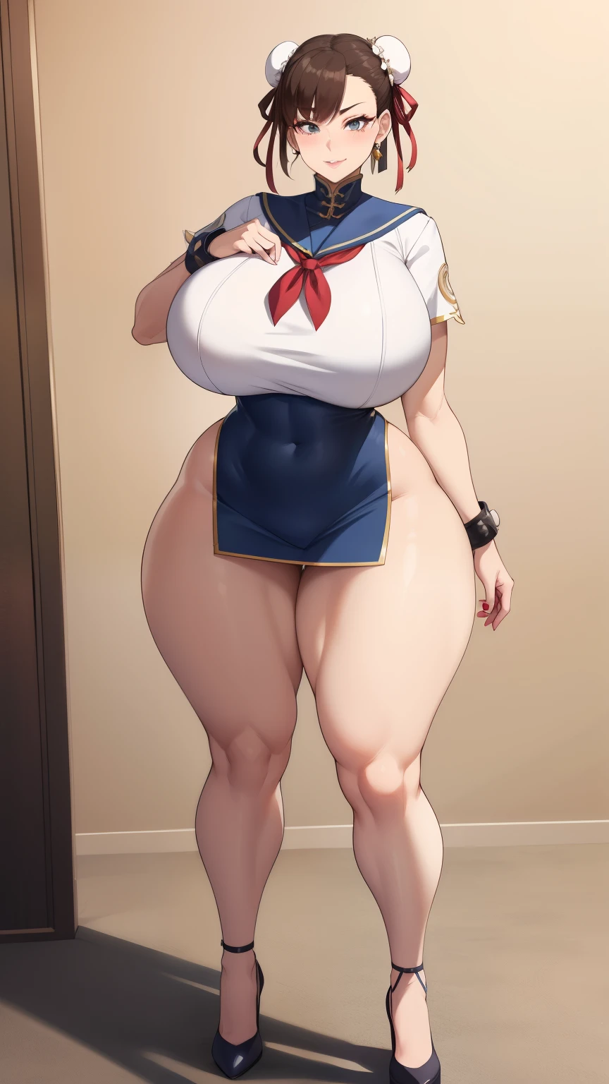 Big Breasts, Big Hips, Full Body Shot, Mature mother, Voluptuous thighs, A cow, Seductive mature woman, Perfect body, Plus Size Model, Sailor suit, Wearing high heels,Miniskirt Uniform, Chunli,