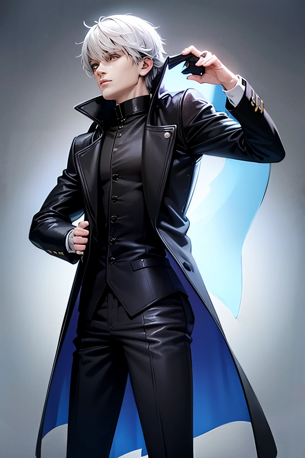 cool black trench coat with blue aura turned away man