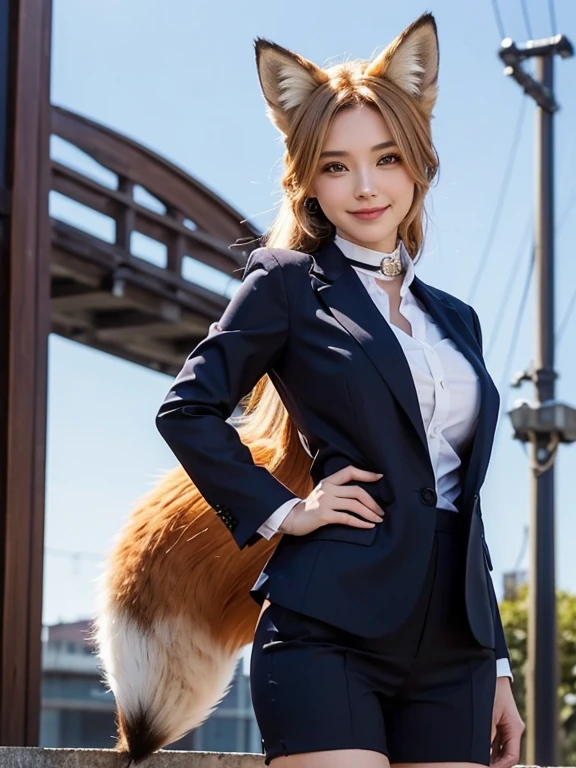 ((highest quality)), ((masterpiece)), (Get used to it), Perfect Face, Fox Girl, Beautiful woman, public, There is a tail, she has a fox tail, She wags her fluffy tail, smile, collar, She wears a business suit, Beautiful hip line, A tail sticking out from a business suit