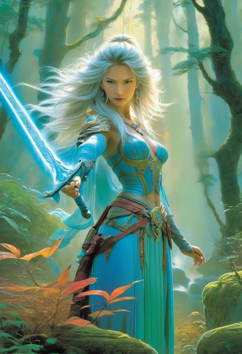 best quality,4k,8k,highres,masterpiece:1.2,ultra-detailed,realistic:1.37, A female spellblade wielding a translucent blue sword is accompanied by a guardian spirit. The sword hungers for souls as it glows with ethereal energy., (The woman is protected by the guardian spirit, which emanates a comforting and powerful presence.), Flowing silver hair. The atmosphere is reminiscent of the mysterious and enchanting world of the Final Fantasy X game, with elements of JRPG and RPG. The scene is filled with vibrant colors, capturing the essence of the fantasy universe. Rich earthy colors, dark turquoise and pale red hues. The lighting casts a warm glow, highlighting the intricate details of the female spellblade, and the guardian spirit. (As the female spellblade gracefully maneuvers her weapon, the kodama spirits watch from the surrounding forest, adding an extra layer of magical intrigue to the scene.), concept art inpired by Jean Giraud Moebius, The overall quality of the generated image is of the highest standard, with ultra-detailed visuals to bring this captivating composition to life. The artwork is reminiscent of a masterpiece, exhibiting the finest craftsmanship in the medium of digital illustration., Yoshitaka Amano style
