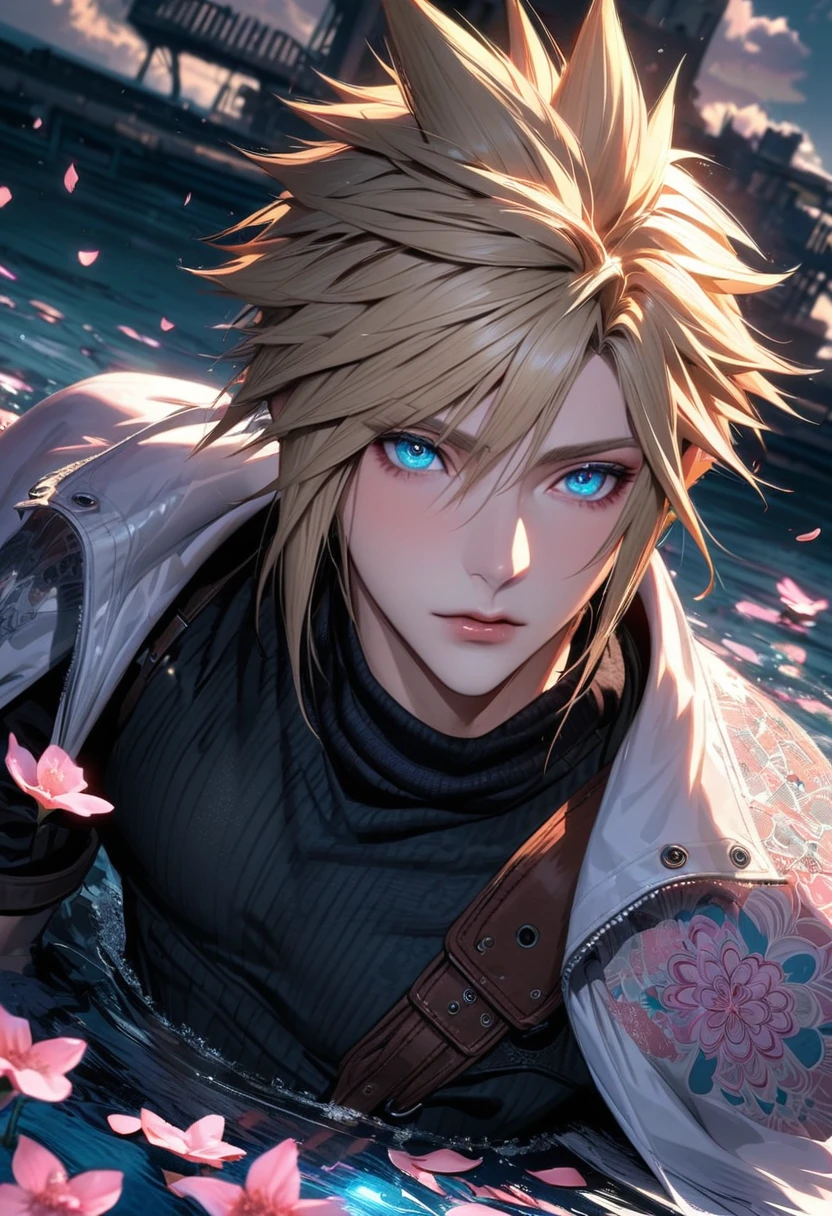 Ultra detailed, Highres, absurdres, HDR, Cloud Strife, blond hair, expressive blue eyes, Final Fantasy VII Remake, white long coat with patterns, pink flowers, petals, extremely handsome, sexy man, solo, extremely detailed eyes and face, black gloves, water, pink butterflies, black tight t-shirt, black pants,