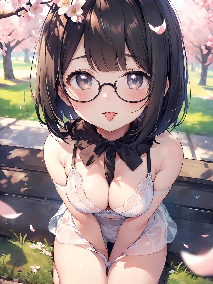 Very detailed, highest quality, High resolution, Moe Anime, ((A cute girl with black hair and droopy eyes is wearing round glasses.)), (Baby Face), Cute eyes, Detailed eye depiction, Sparkle in the eyes, View your viewers, Pale skin, (Big eyes:1.4), smile, Focus on the face, In the park with cherry blossoms falling, Sitting, (Extreme close up of tongue), (((From above))), Open your mouth, (((Face only:1.3))), ((Sheer white lingerie)), (Nipples are visible through the fabric:1.2), Bright Eyes, Light from the front, (Put your hands between your legs:1.4), (short cut hairstyle:1.4)