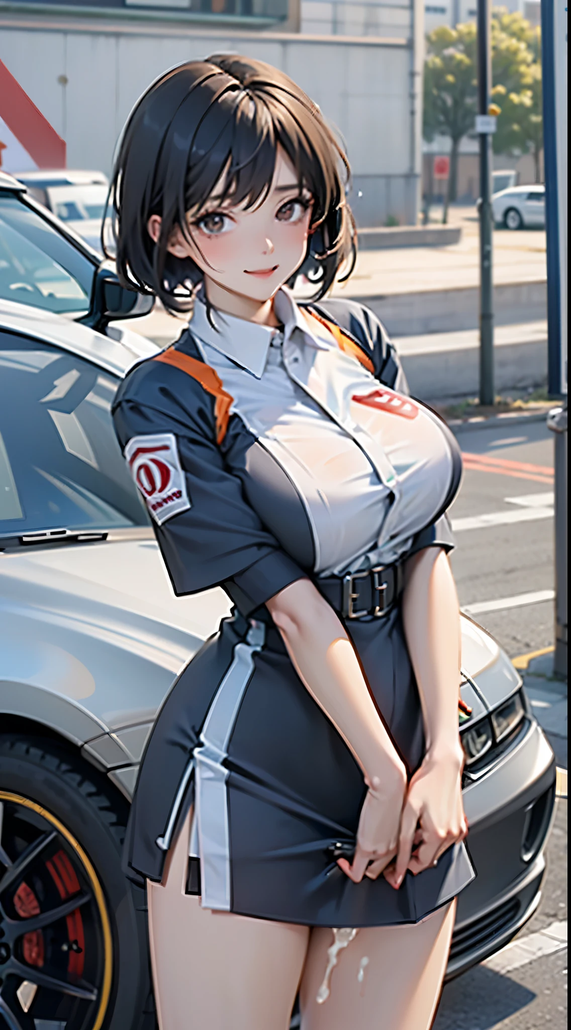 Anime girl in blue dress, oppai, biomechanical oppai, in dress, oppai proportions, Ecchi, Big breasts!!, with a big chest, pixiv 3dcg, Big breasts!, (SFW) safe for work, Ecchi anime style, Beasts, Seductive Anime Girl, 1girl huge large breasts,、((top-quality)), ((masterpiece)), A smile, Pitch Resuit, Colossal , Puffy nipple, knee high, Naughty face, knee high white, Adult Woman, (cum in vaginas:1.3), cum in mouth, (Overflowing G-string:1.5), Sobbing tears, short-cut, Check mini skirt, l, Race Queen, A slender, masterpaintings, best qualtiy, Photorealsitic, ultra-detailliert, (shiny skins, perspired:1.4), Watch the crowd, With short black hair, Brown-eyed, slender, dynamic light and shadow, hight resolution, Sharp Focus, depth of view, The eyes are delicate, Sharp pupils, pupil realistic, (Colossal tits), A slender, (thick thight), outside of house, Skysky, Tight skirt, Short skirt, Grid Girl, underboob, Wet_Clothes, Wear the grid_Girl costume printed with sponsor's logo, (Stand in a motorsport race)+, left hand on waist