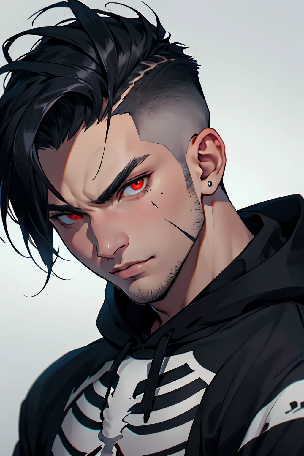 ((Best quality)), ((masterpiece)), (detailed), perfect face,((boy))
Skeleton guy, with black hair, in a black hoodie,red-eyed.evil look,Undercut hairstyle