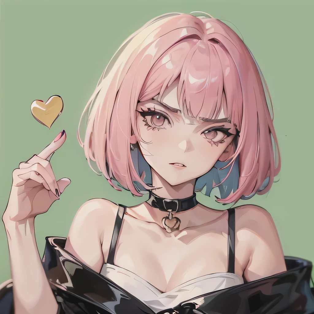 Hot girl, baddie, off shoulder, staring, glaring, shin raised up high, bad attitude, mean girl, dare, pastel pink hair, dark black eyes, bob haircut 