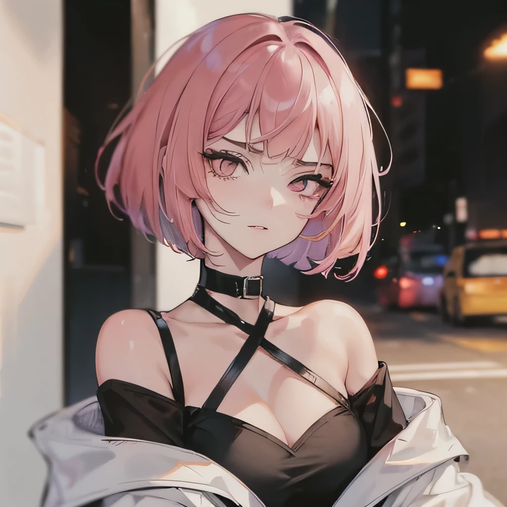 Hot girl, baddie, off shoulder, staring, glaring, shin raised up high, bad attitude, mean girl, dare, pastel pink hair, dark black eyes, bob haircut , smoking, e girl, hot, flat