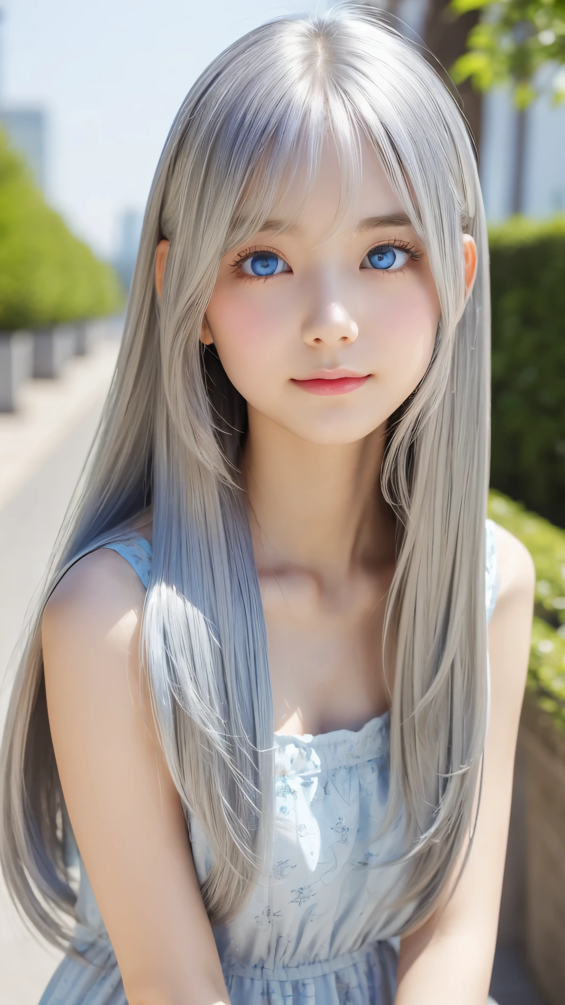 Shining, clear, white skin、Her windblown silver hair hides her beautiful face.、huge、28 years old cute sexy little beautiful face、Beautiful straight hair that stands out、growing up, Sparkling light blue eyes、long silky bangs that cover cute eyes, Sexy and cute young woman with super long hair hiding her sexy face、Shining silver hair