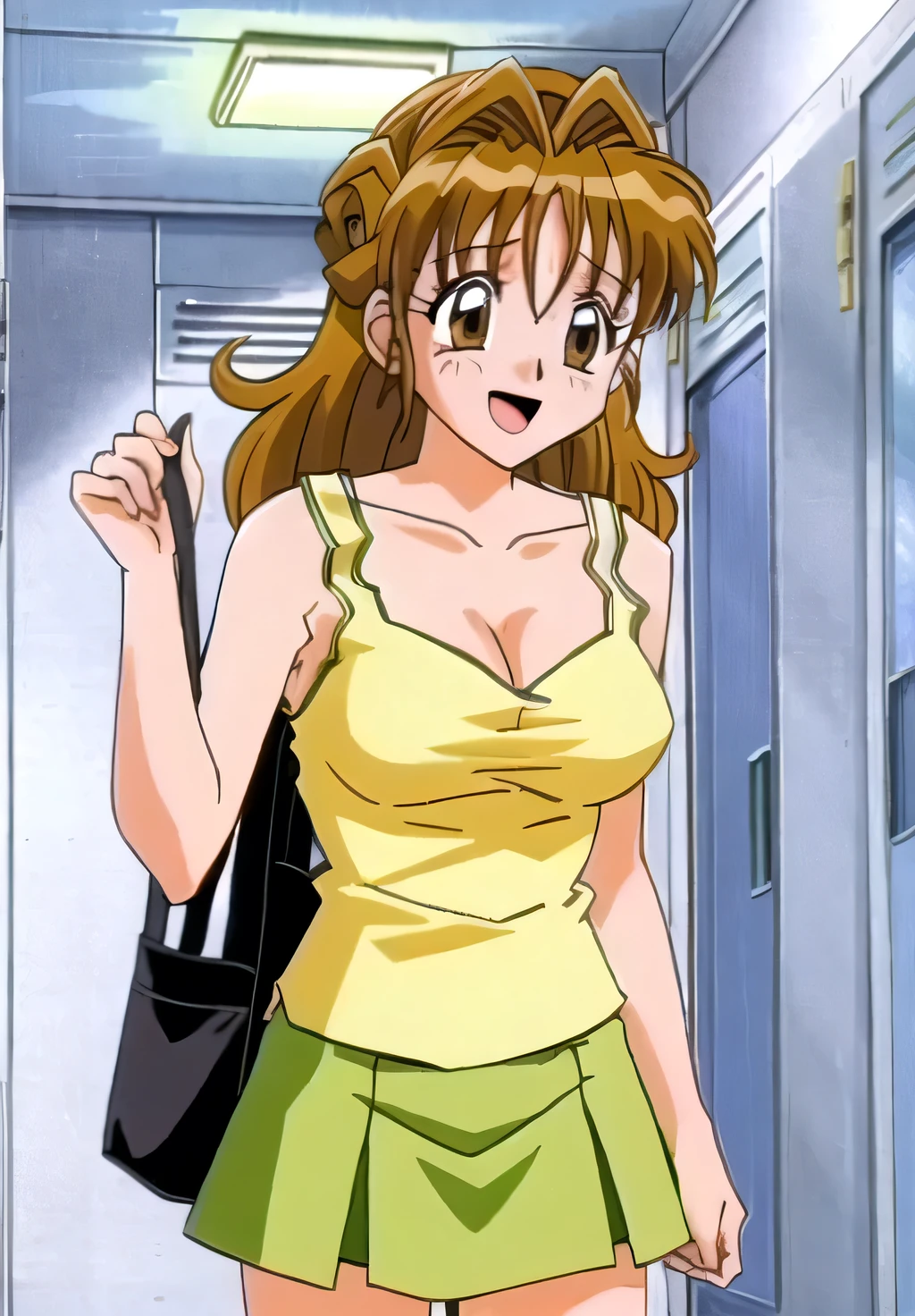 Maron,nsfw,(((yellow_Sleeveless_camisole))),(((mini skirt))),((Cleavage)),((No bra)),pupil_Brown,Embarrassing, Open your mouth,smile,avert your eyes,((locker room)),masterpiece, expensive_quality, very_expensive_solve, big_file size, Full Color,