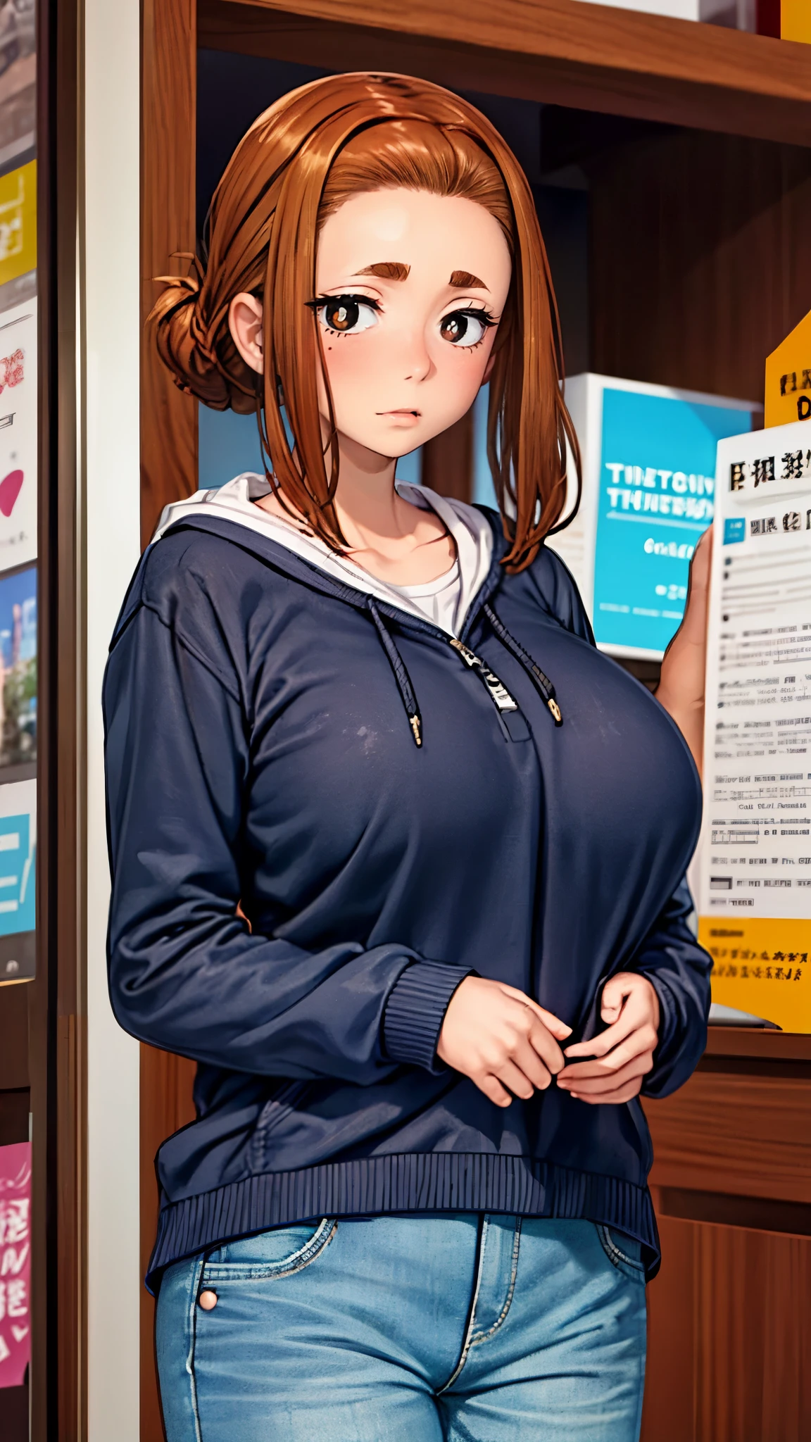 (masterpiece, best quality:1.2), solo, 1girl, ogawa sumireko, ((brown eyes, white pupils)), detailed eyes, hair up, half eyebrows, hood, green jacket, open jacket, ((wering sweater, detailed sweater, jeans pants)), thick body, fullbody: 1.5, long sleeves, upper body, bookstore, indoors, depth of field, large breasts, mature female, breasts squeezed together, v arms, looking at viewer, embarrassed, blush, csr style texture