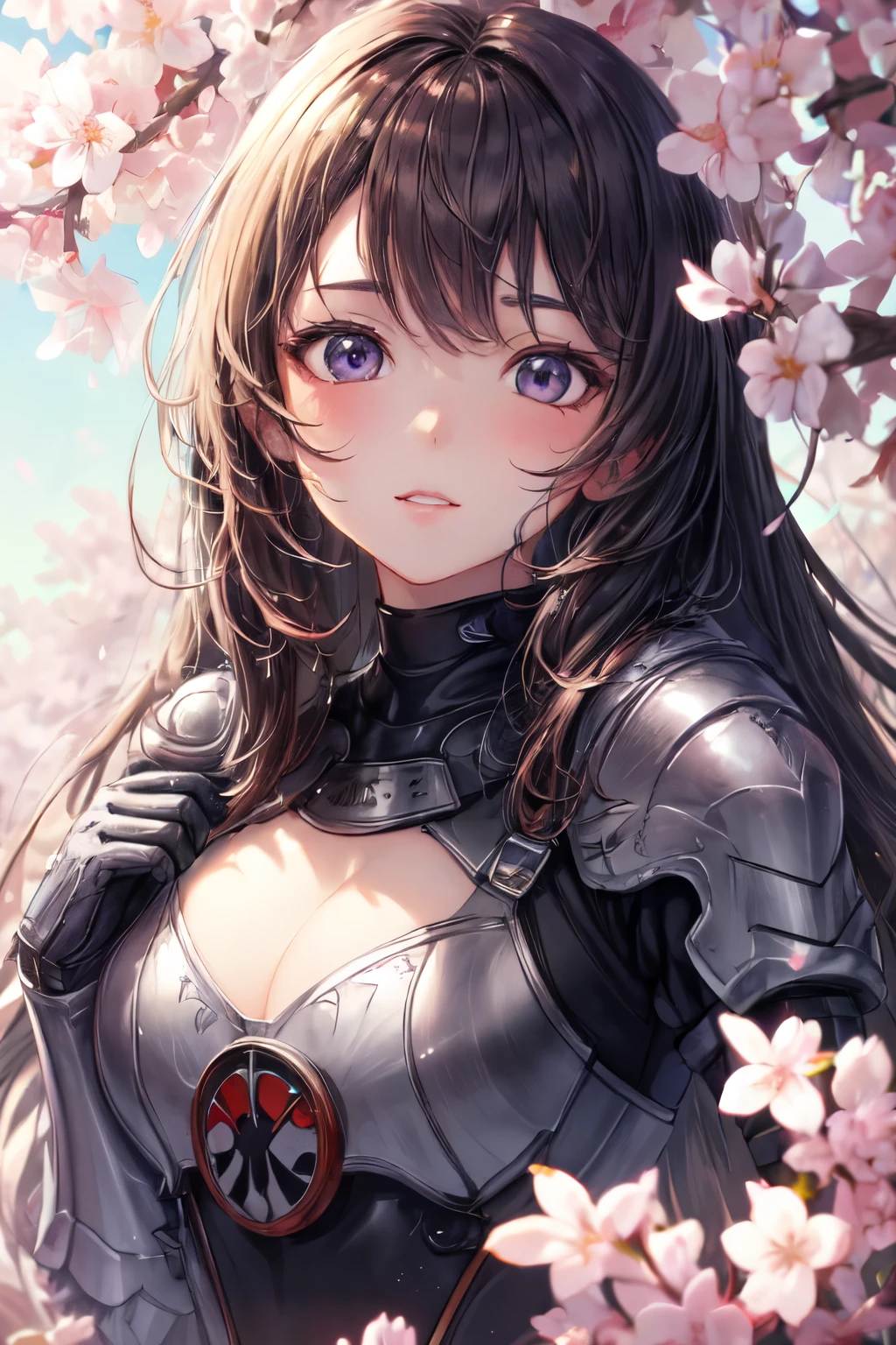 ((best quality)), ((Meisterwerk)), (detailed), perfektes Gesicht, hot Sexy anime girl with long hair ,desirefull, love ,Cherry blossoms, deteilreicher hintergrund ,lichtreflexion ,interesting, violett, no portrait, fantasy armor