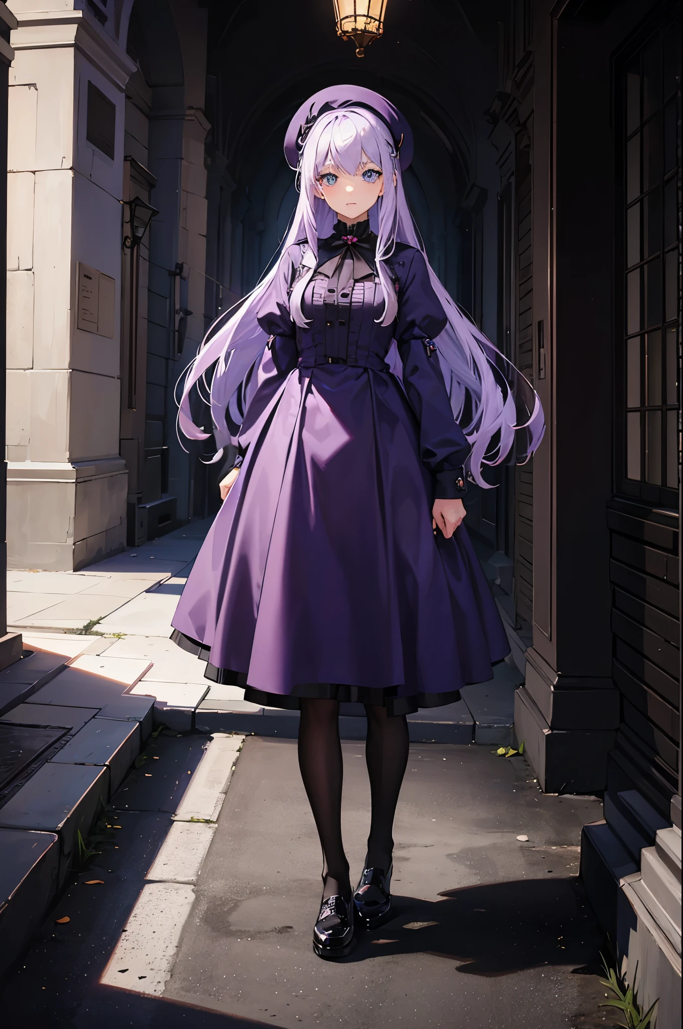 1woman, light purple hair, long hair, blue eyes, dress, beret, standing on ground, high res, ultra sharp, 8K, masterpiece
