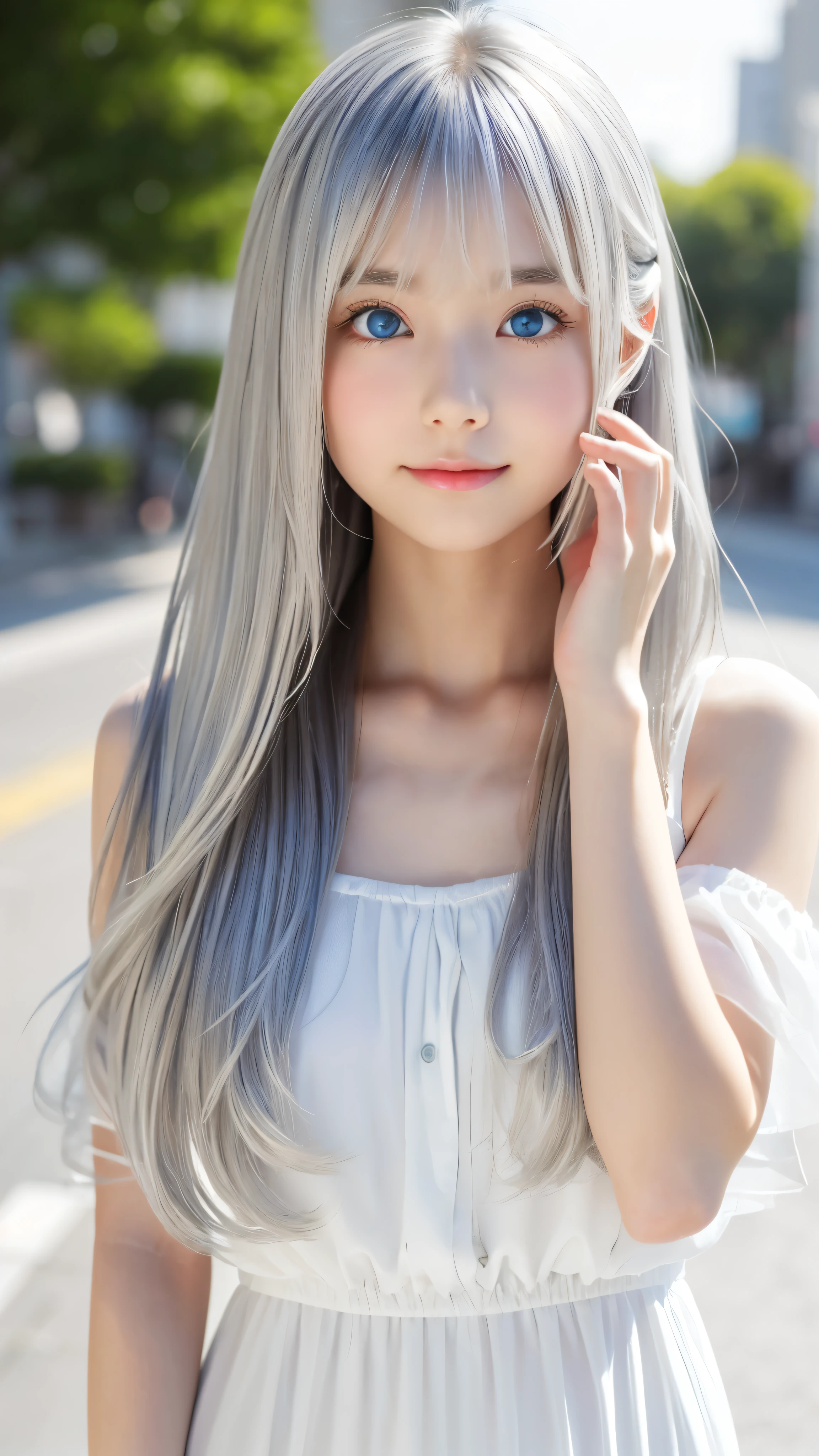 Shining, clear, white skin、Her windblown silver hair hides her beautiful face.、huge、28 years old cute sexy little beautiful face、Beautiful straight hair that stands out、growing up, Sparkling light blue eyes、long silky bangs that cover cute eyes, Sexy and cute young woman with super long hair hiding her sexy face、Shining silver hair