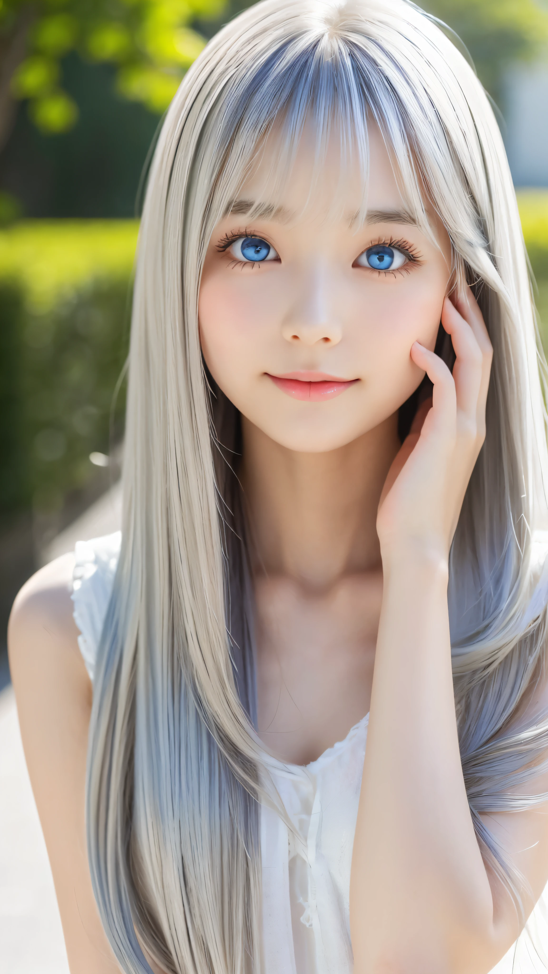 Shining, clear, white skin、Her windblown silver hair hides her beautiful face.、huge、28 years old cute sexy little beautiful face、Beautiful straight hair that stands out、growing up, Sparkling light blue eyes、long silky bangs that cover cute eyes, Sexy and cute young woman with super long hair hiding her sexy face、Shining silver hair