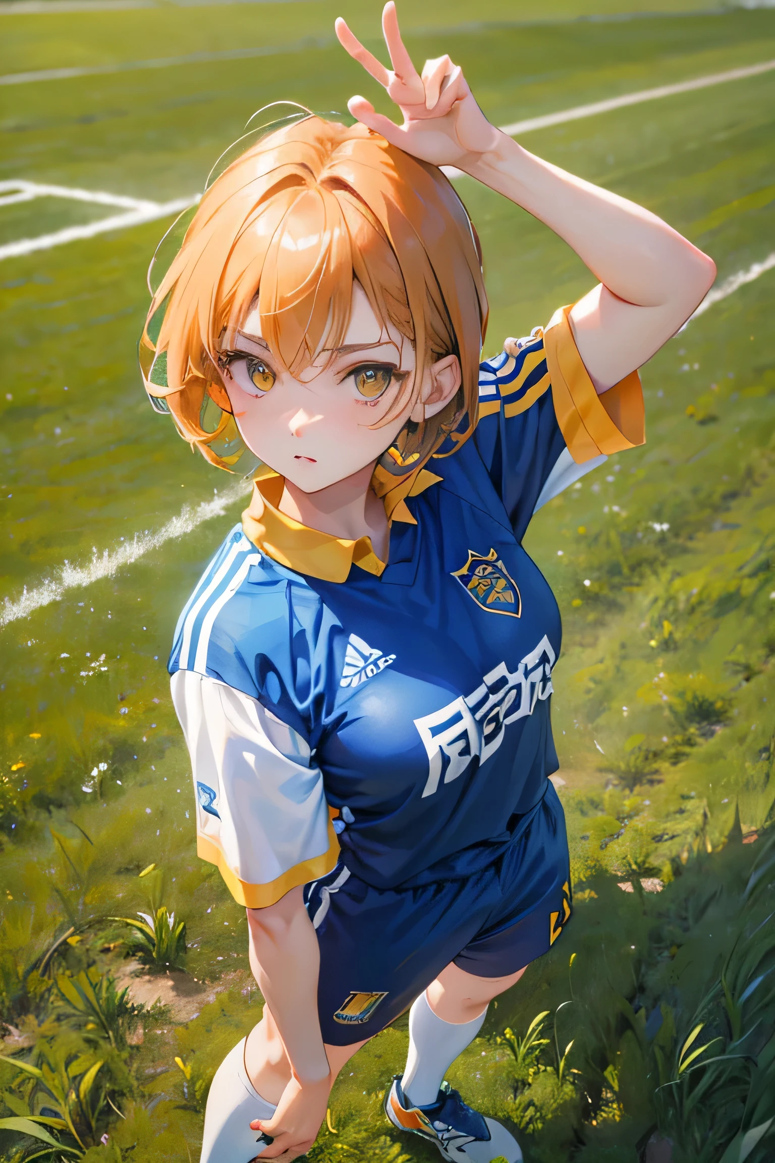 Cool adult woman with yellow eyes wearing a sports uniform、1 person、Mikage Leo Style、Orange brown short hair、Blue Prison、Bold poses and expressions、Looking from above、masterpiece、That&#39;s excellent、Spread your hands、Soccer field grass background、Exposure is modest、A little bit of cyber、Strong character
