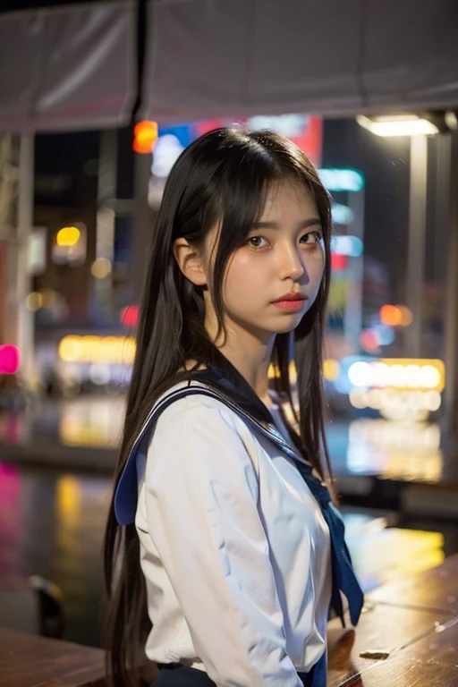 best quality, ultra high res, (photorealistic:1.4), 1girl, the girl wearing black sailor uniform, long hair, night, city scape background, city light, cinematic lighting, 80s filter, zoom to face, detailed face , looking at viewer, front view