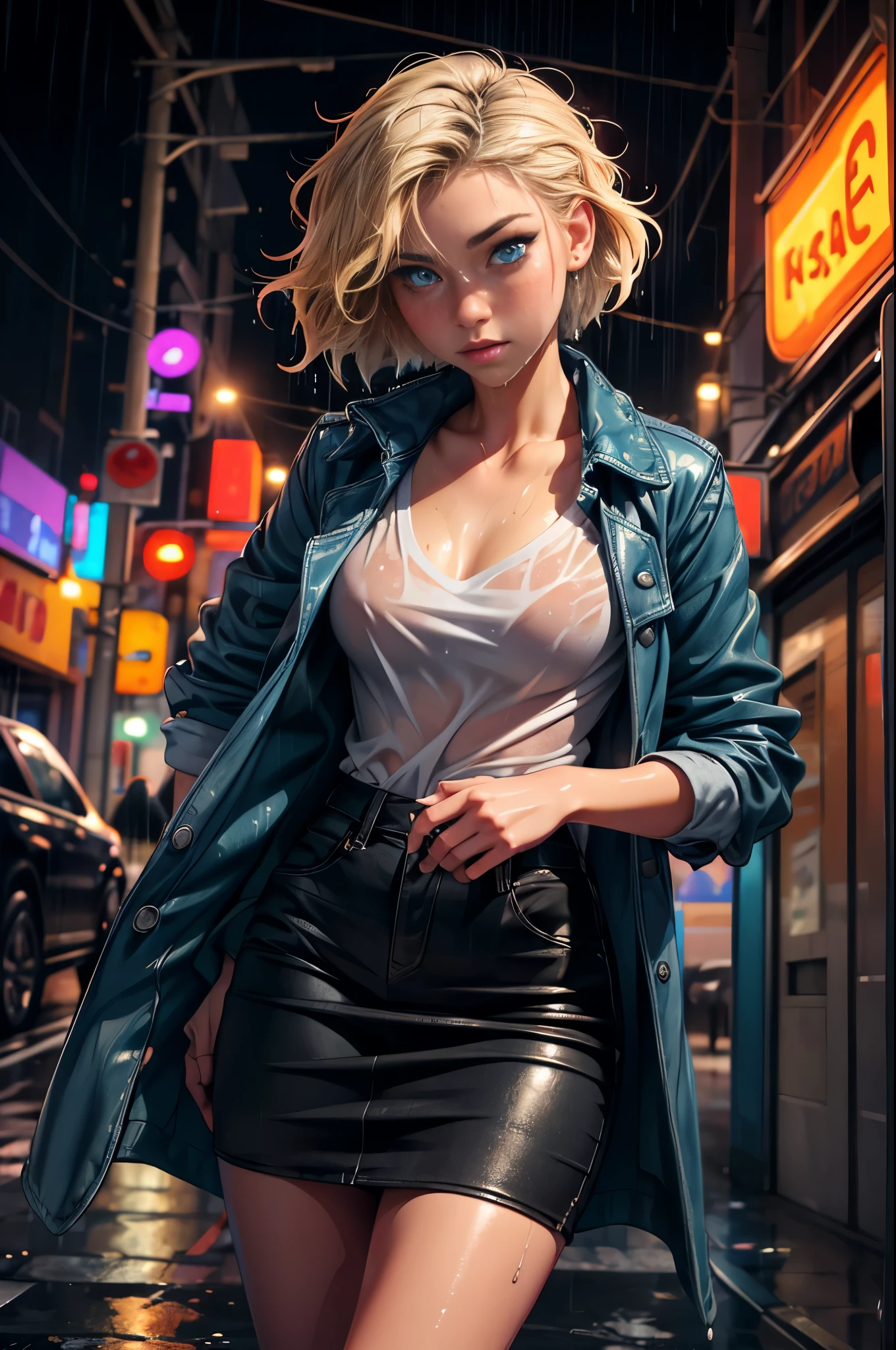 Young Korean Woman standing,  ((on city street)),  ((fully clothed)), ((overcoat)), ((v neck t shirt)),((barefoot)), black miniskirt, blonde short hair, slim build,jewelry, large earrings, late night, detailed background, dark, busy street, cinematic, neon light, masterpiece,  best quality, RAW photo, up close, zoomed in,  photorealistic, ((looking at viewer)), see through,dripping wet, beautiful realistic photo, hyperrealistic fantasy photo,  close up, tight frame, 8k, ultra detailed, detailed skin, blue eyes, freckles, ((drenched)), ((soaked)), (dripping water), sagging clothes, wet street, wet all over, wet dripping hair, pov, (posing for photo) portrait, close-up, bottom angle, mist, ((heavy rain)), ((misty rain)), rain on face, wet face